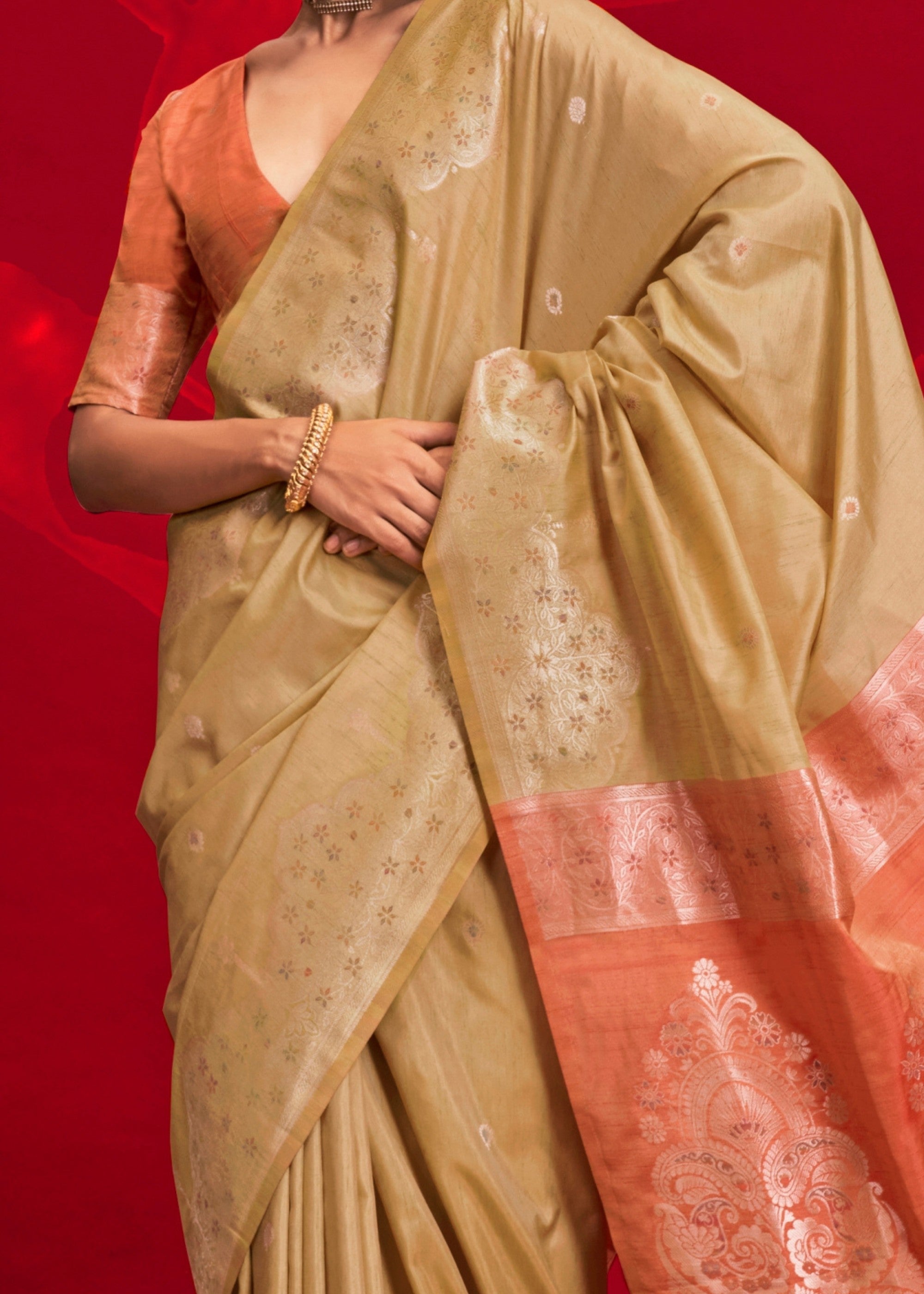 Mustard Tussar Silk Handloom Weaving Saree with Contrast Ikkat Pallu - qivii