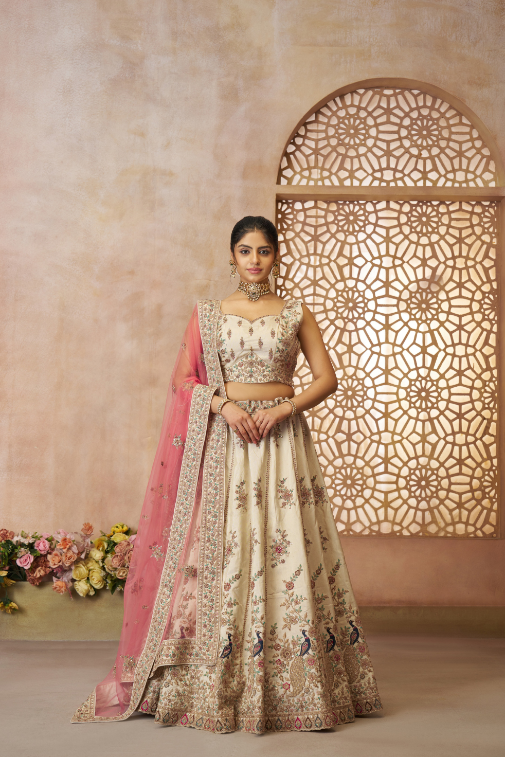 White Zari Silk Semi-Stitched Lehenga Choli with Sequin & Thread Embroidery - qivii