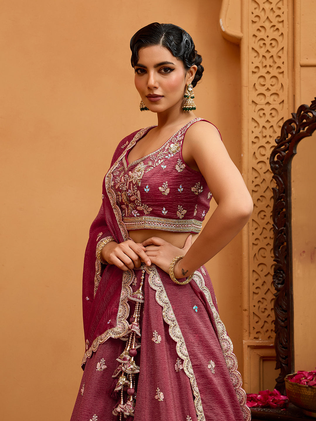 Rosegold- Tissue Fabric Sequins embroidery Semi-Stitched Lehenga & Unstitched Blouse With Dupatta - qivii