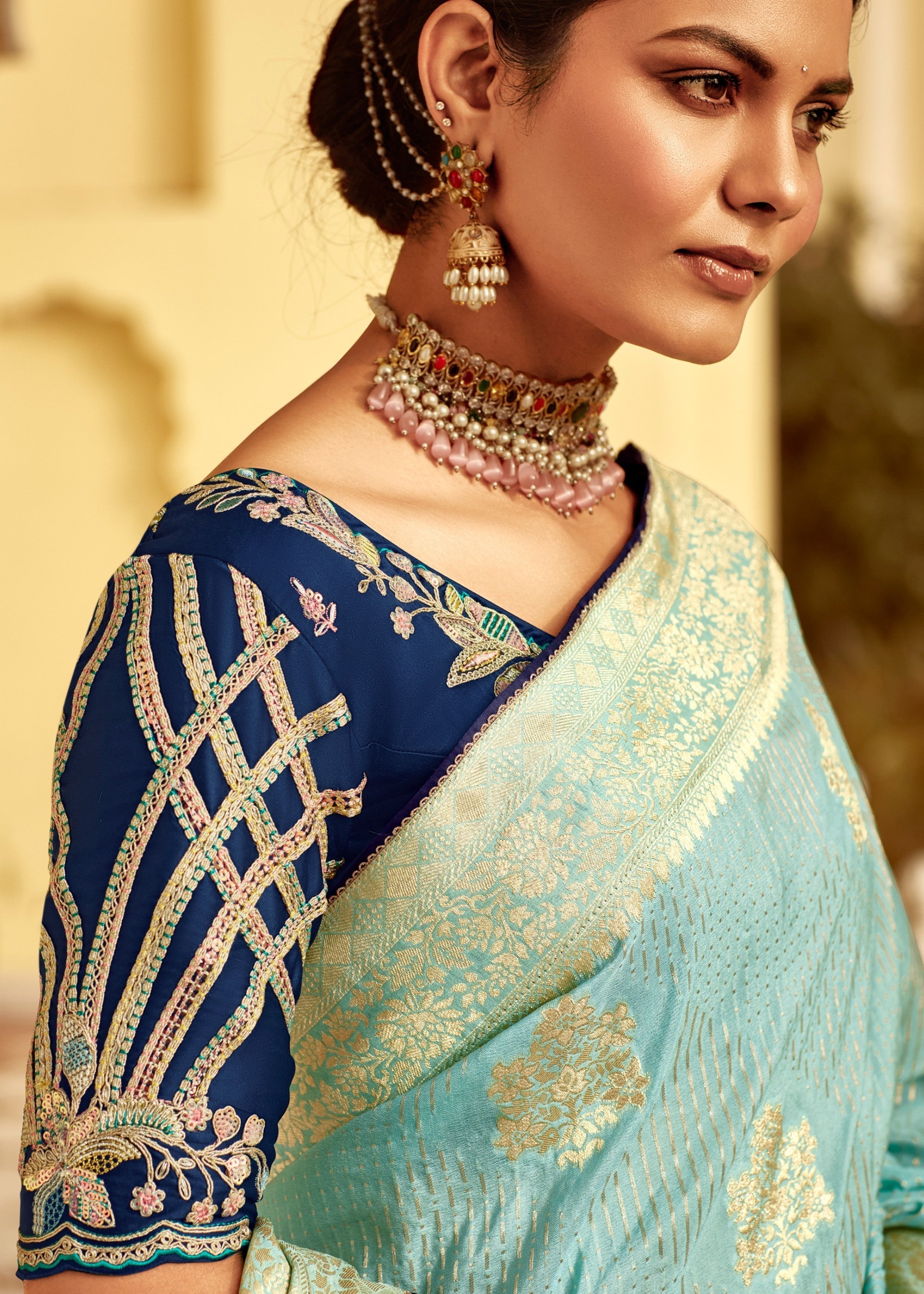 Sky Blue Dola Silk Saree Embellished With Weaving Work And Heavy Embroidered Blouse - qivii