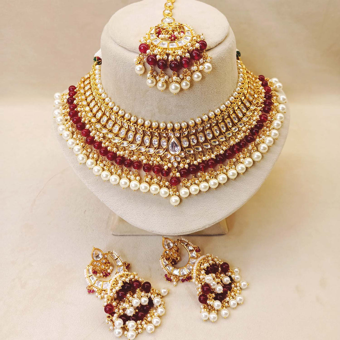 Minal Gold Plated Maroon Pearl Drop And Kundan Necklace Set