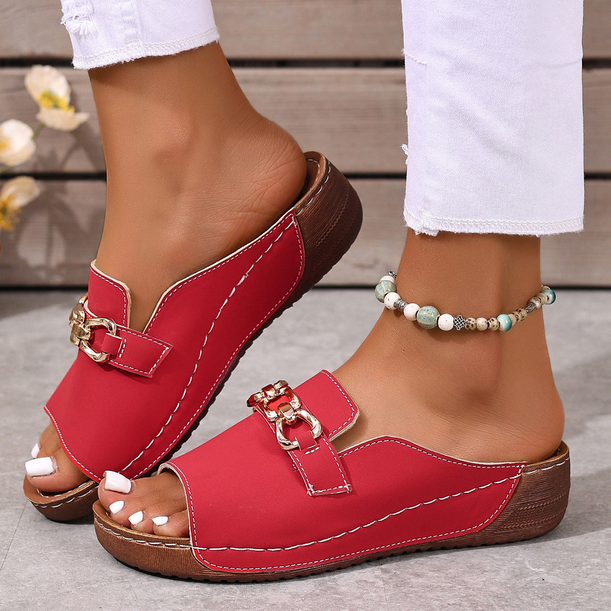 Women’s Plus-Size Platform Mule Slippers - Metal Buckle Accent & Low Wedge Heel | Open-Back House Shoes