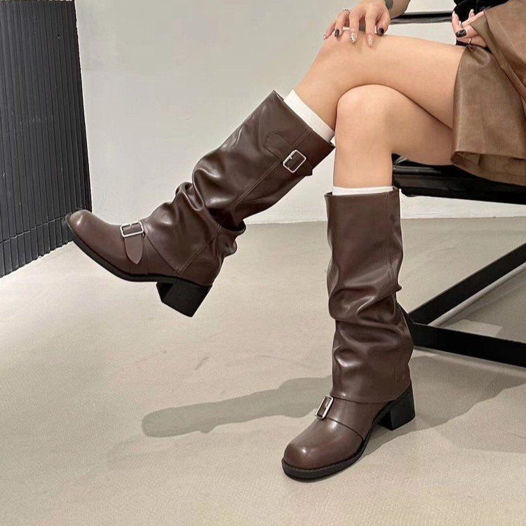 Women's Harper Slouch Boots - Chunky Heel Buckle Knee-High Boots (US 4-10.5)