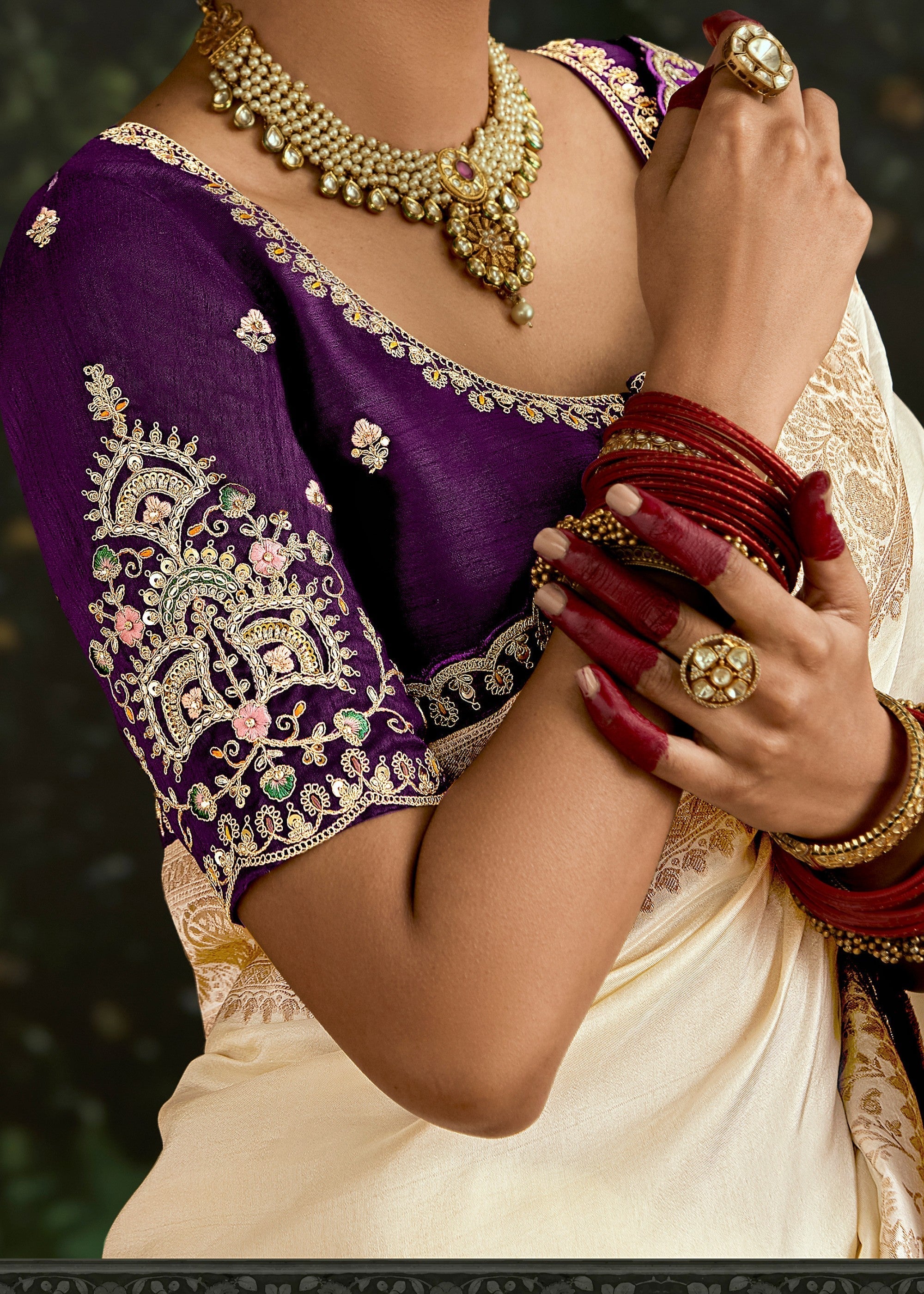 Off-White and Purple Saree with Viscose Silk and Zari Work - qivii