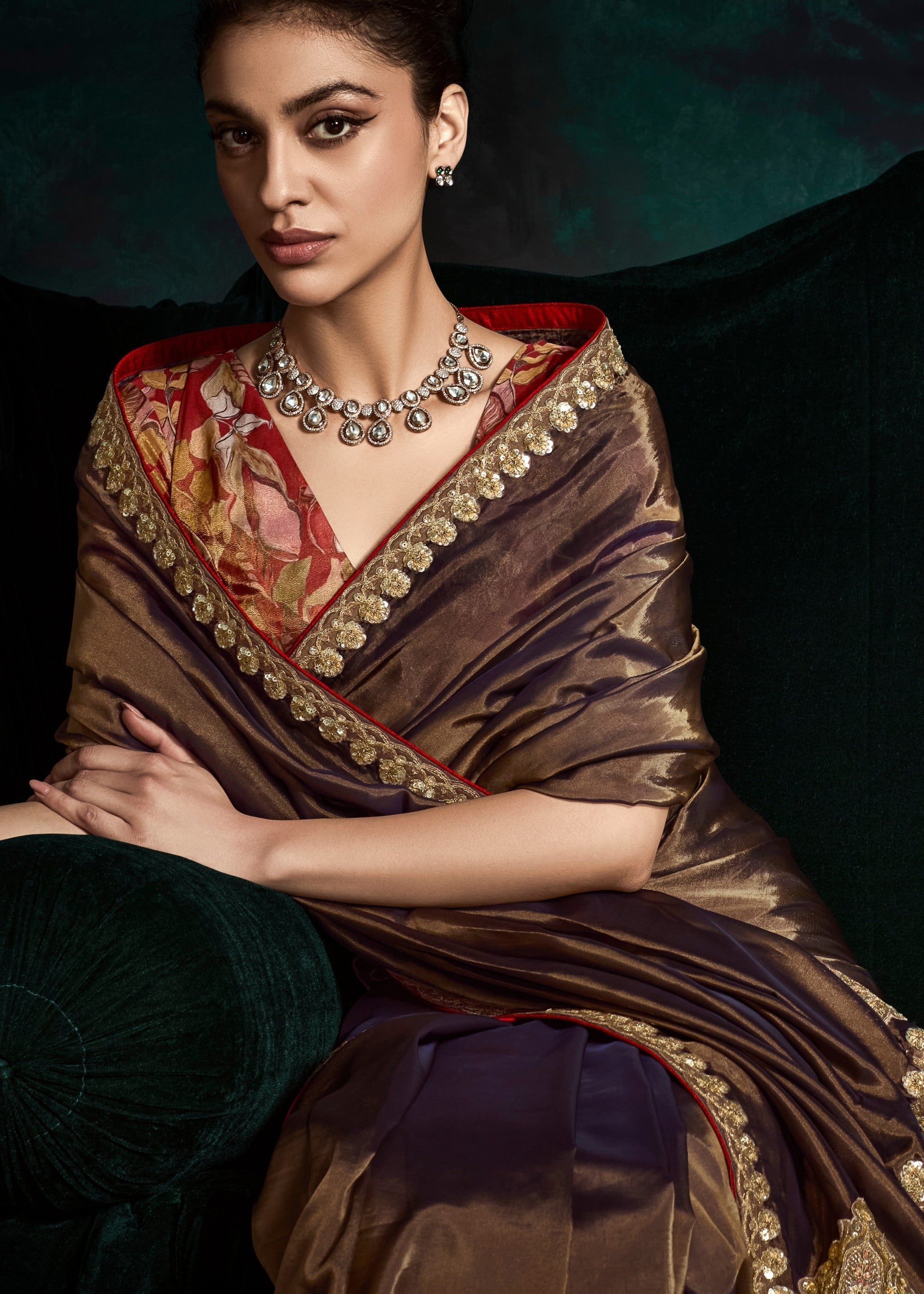 Mocha Brown Fancy Fabric Silk Saree With Sequins And Thread Embroidered Butti Work - qivii