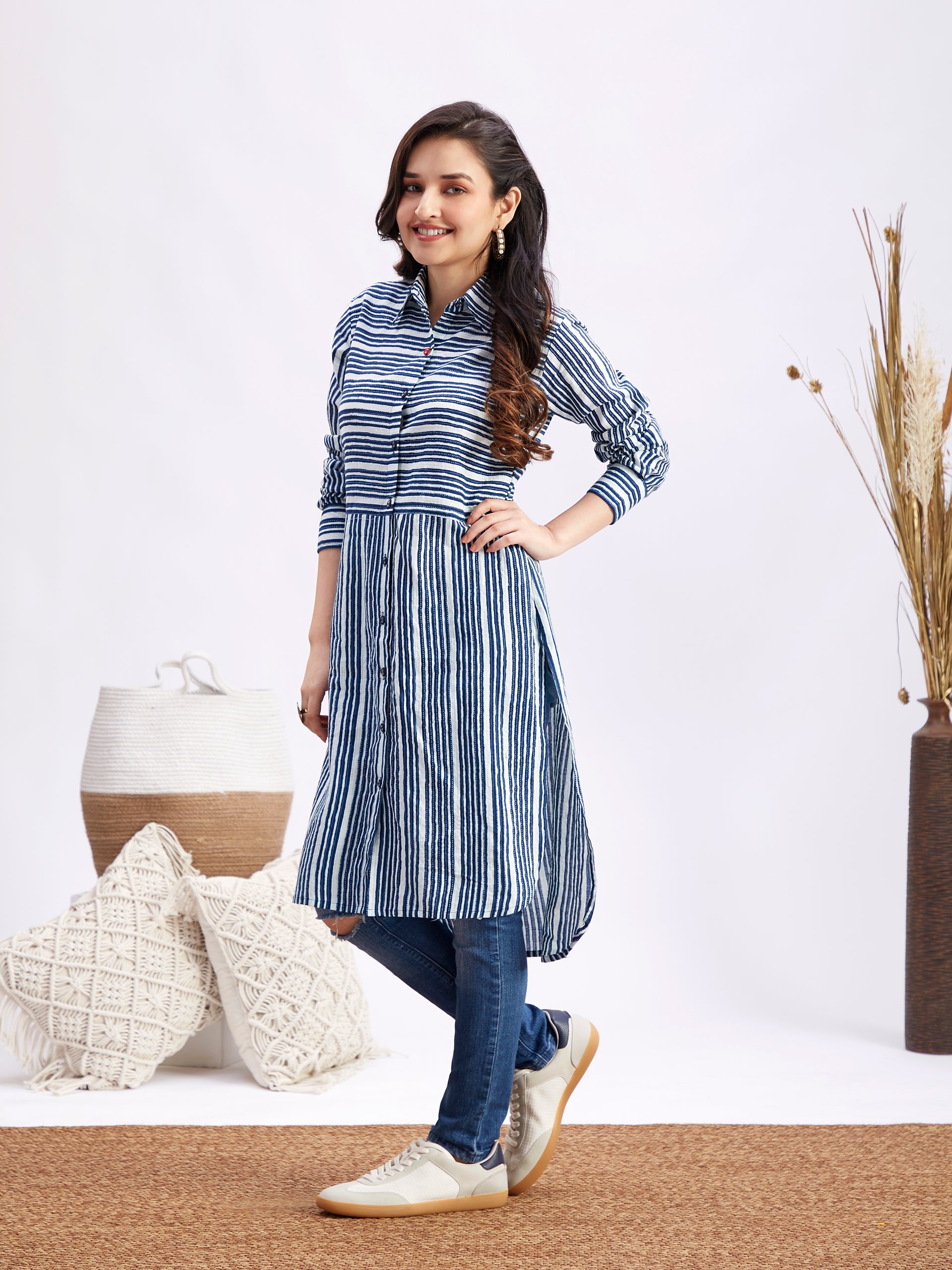 Women's Blue Striped Cotton Shirt Style Kurta