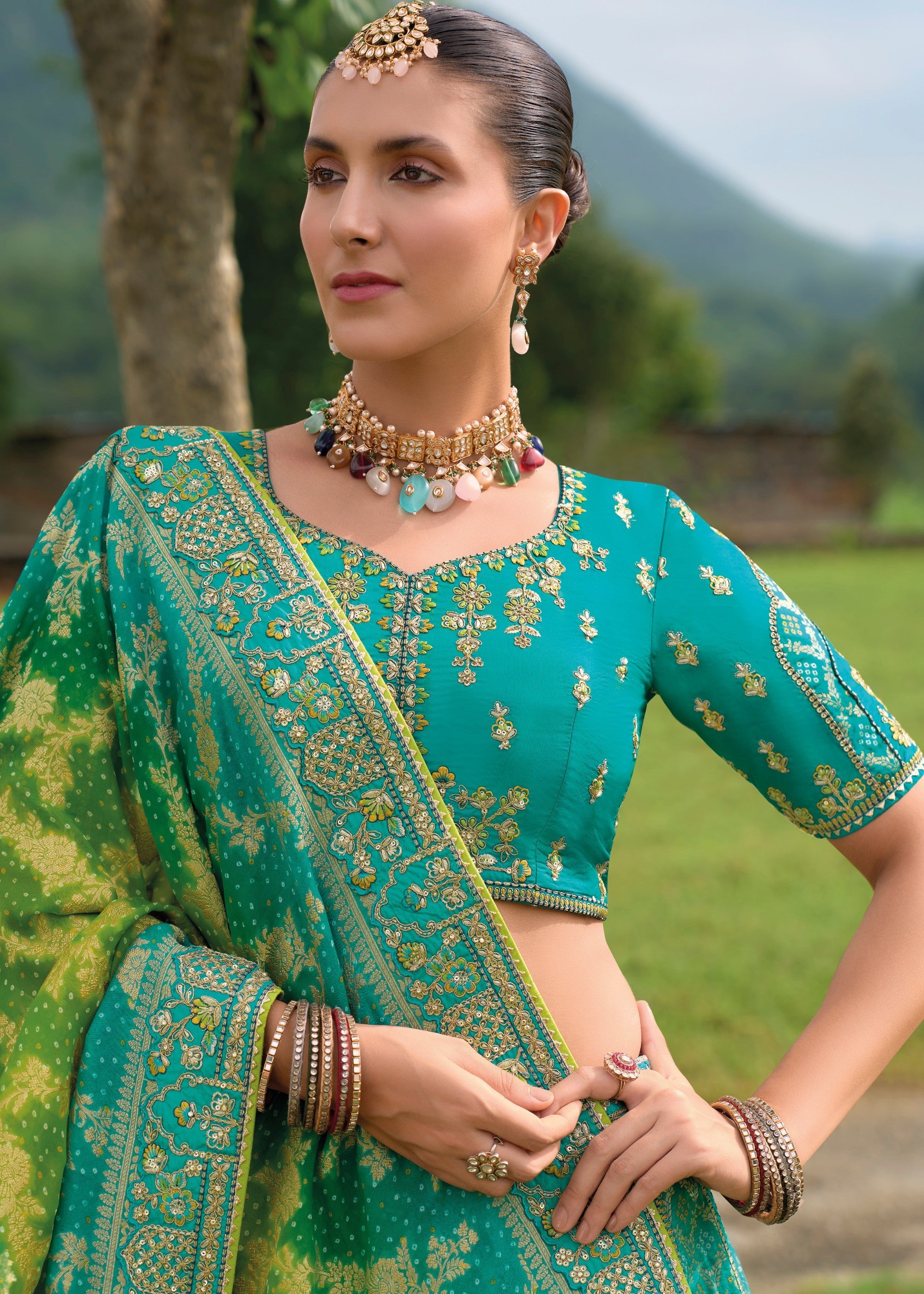 Teal Blue Banarasi Silk Lehenga With Heavy Embroidery Work | Ready To Wear - qivii