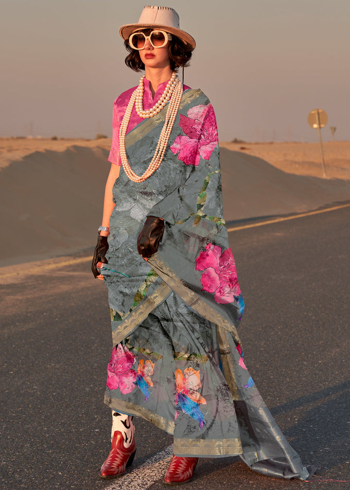 Frost Grey Woven Tussar Silk Saree