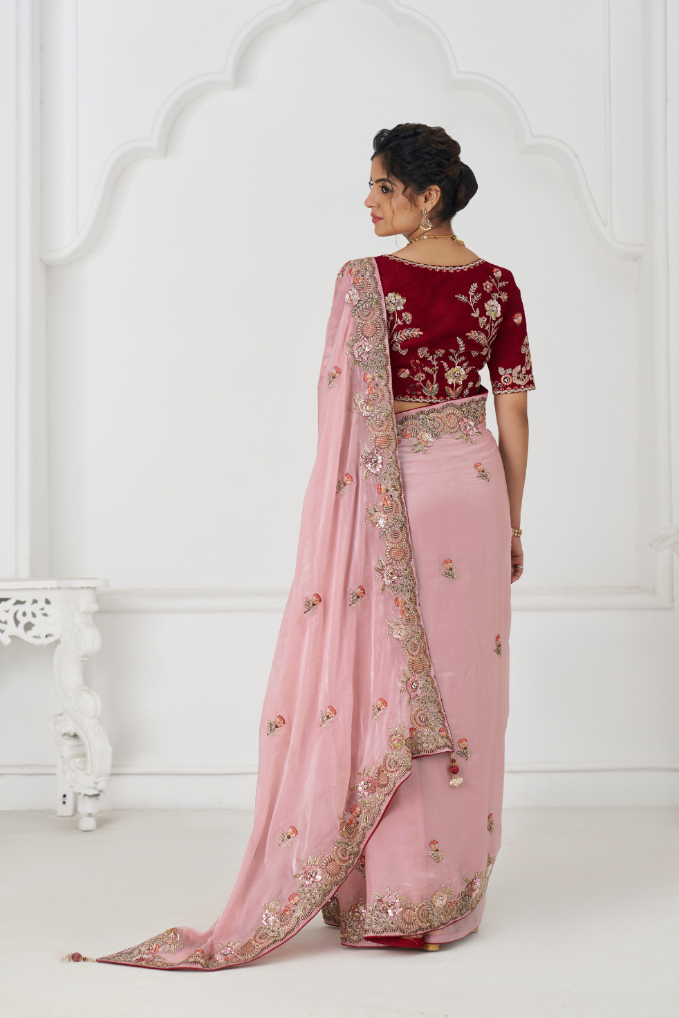 Graceful Pink Zari and Sequins on Rich Fendi Silk Saree - qivii