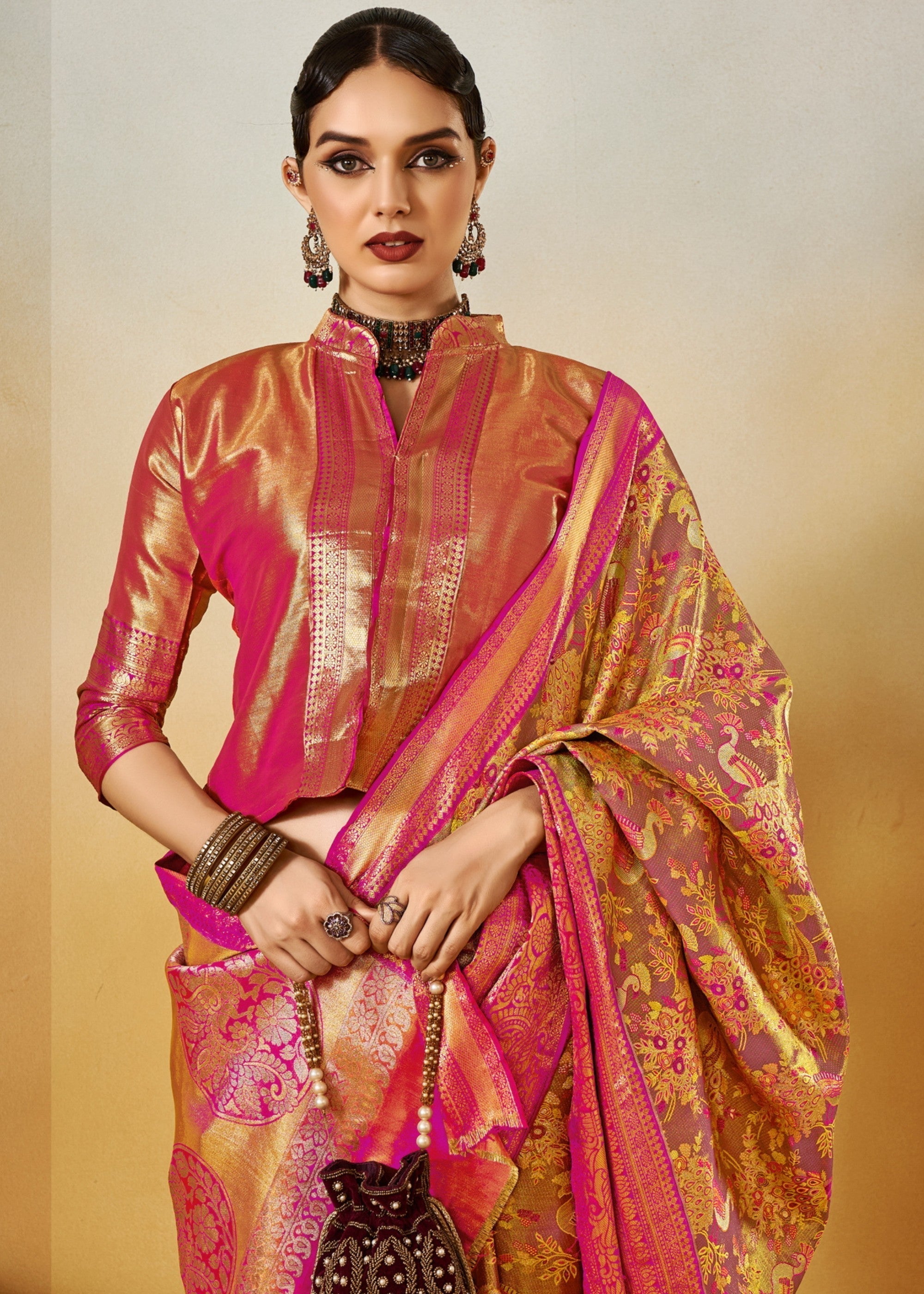 Pink and Orange Handloom Dharamavaram Silk Saree - qivii