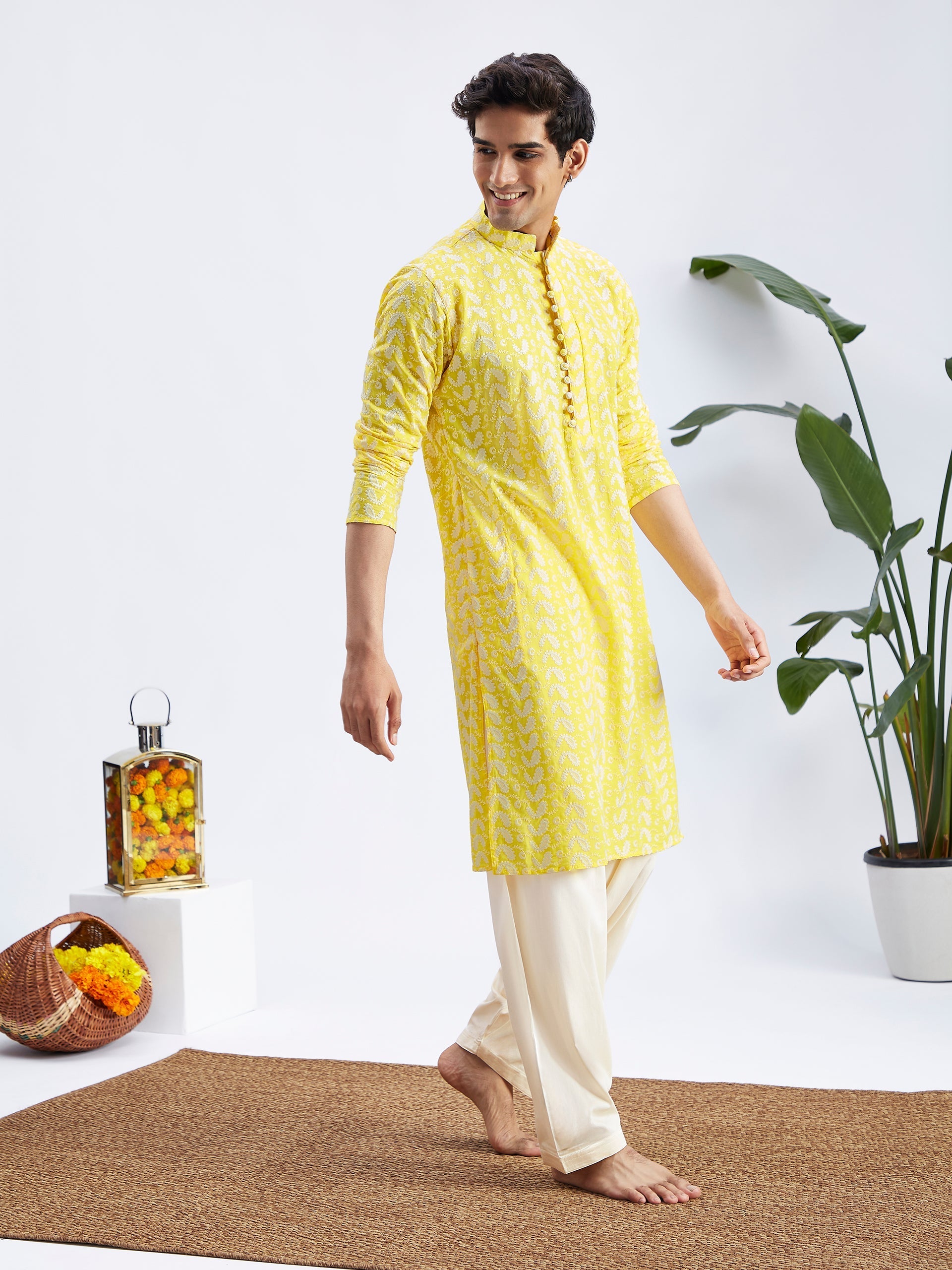 Men's Mustard Pure Cotton Chikankari Kurta With Patiala Set