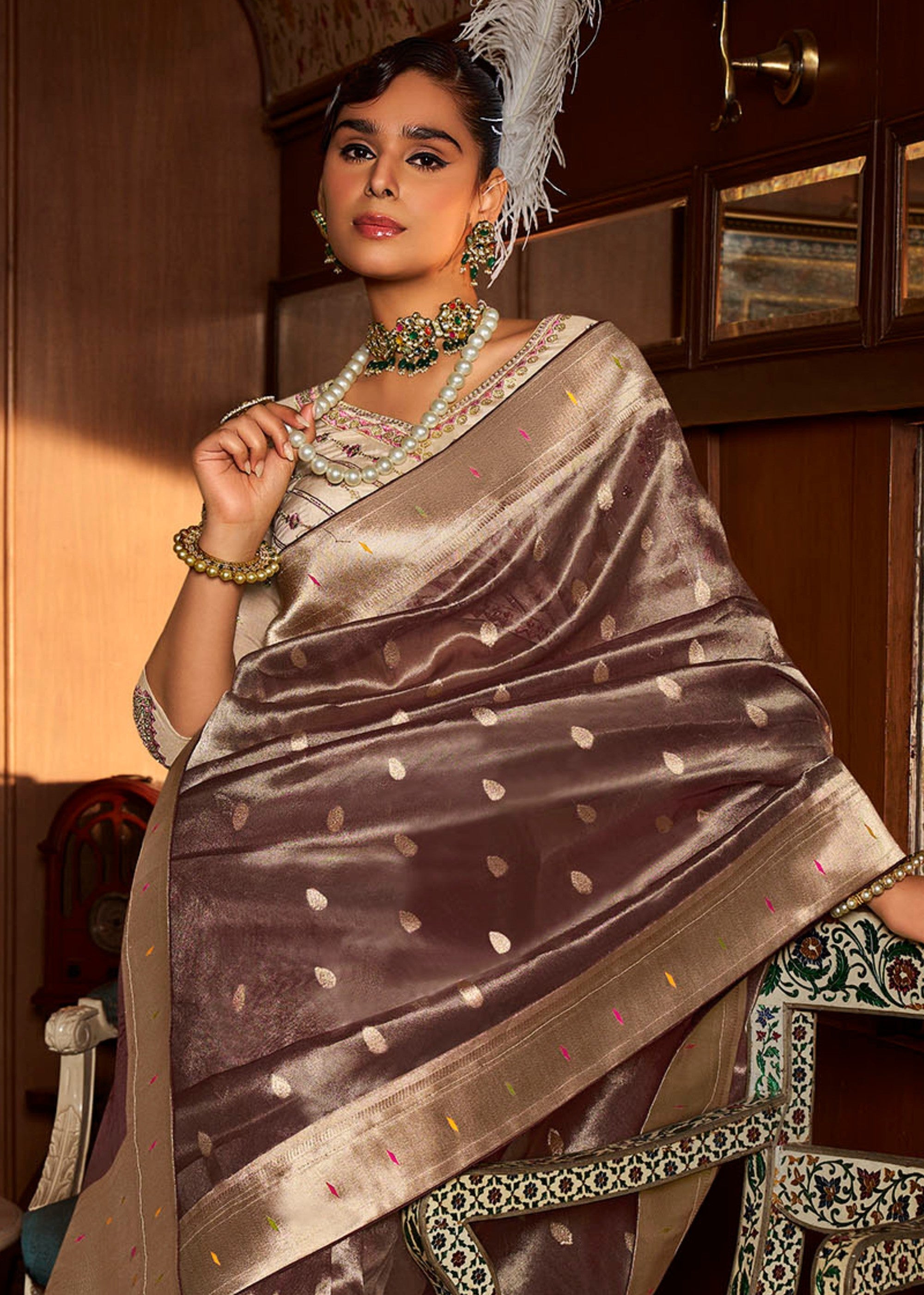 Pecan Brown Pure Tissue Paithani Silk Saree with Heavy Designer Embroidered Blouse - qivii