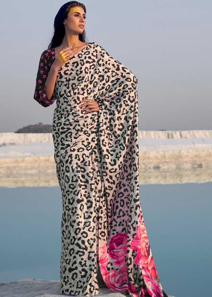 Stunning Black and White Leopard Print Crepe Silk Saree with intricate detailing