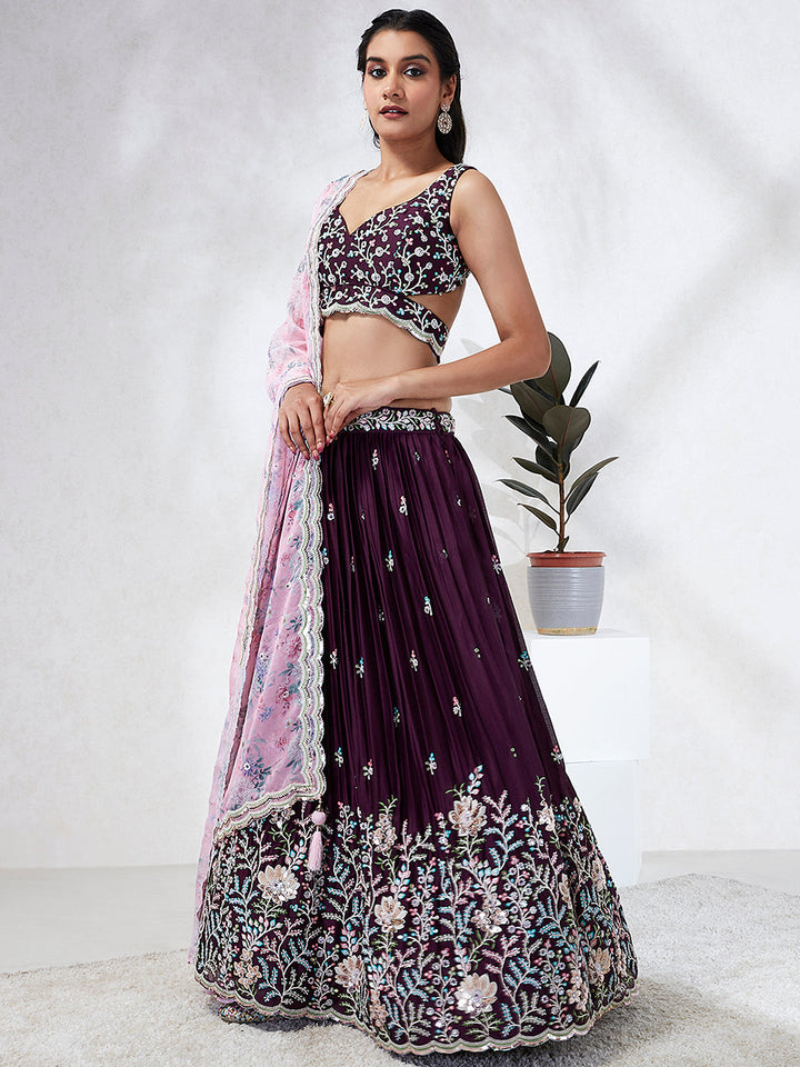 Georgette Sequins, Mirror and thread embroidery Stitched Lehenga choli