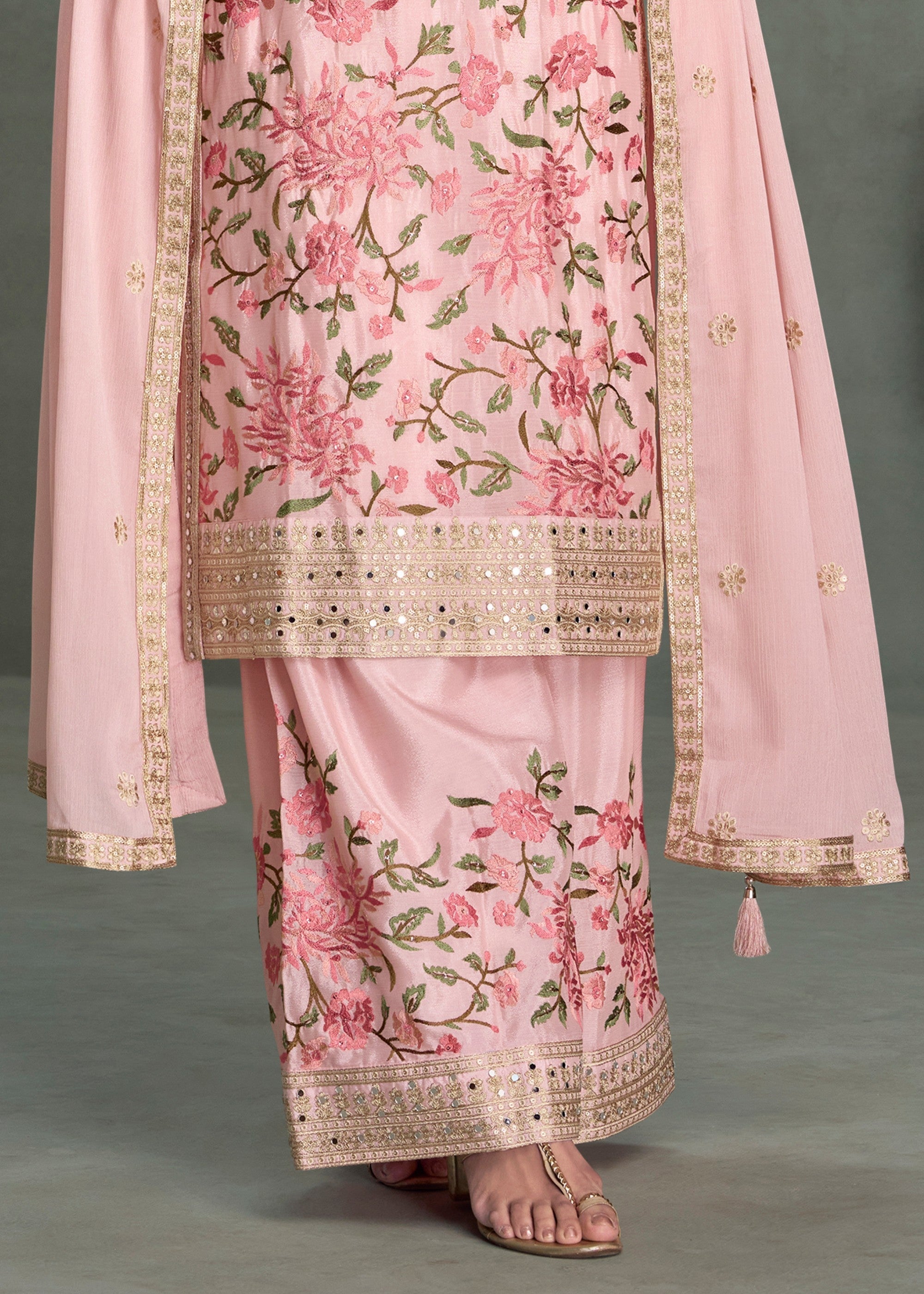 Peach Pink Premium Chinnon Silk Salwar Suit - qivii