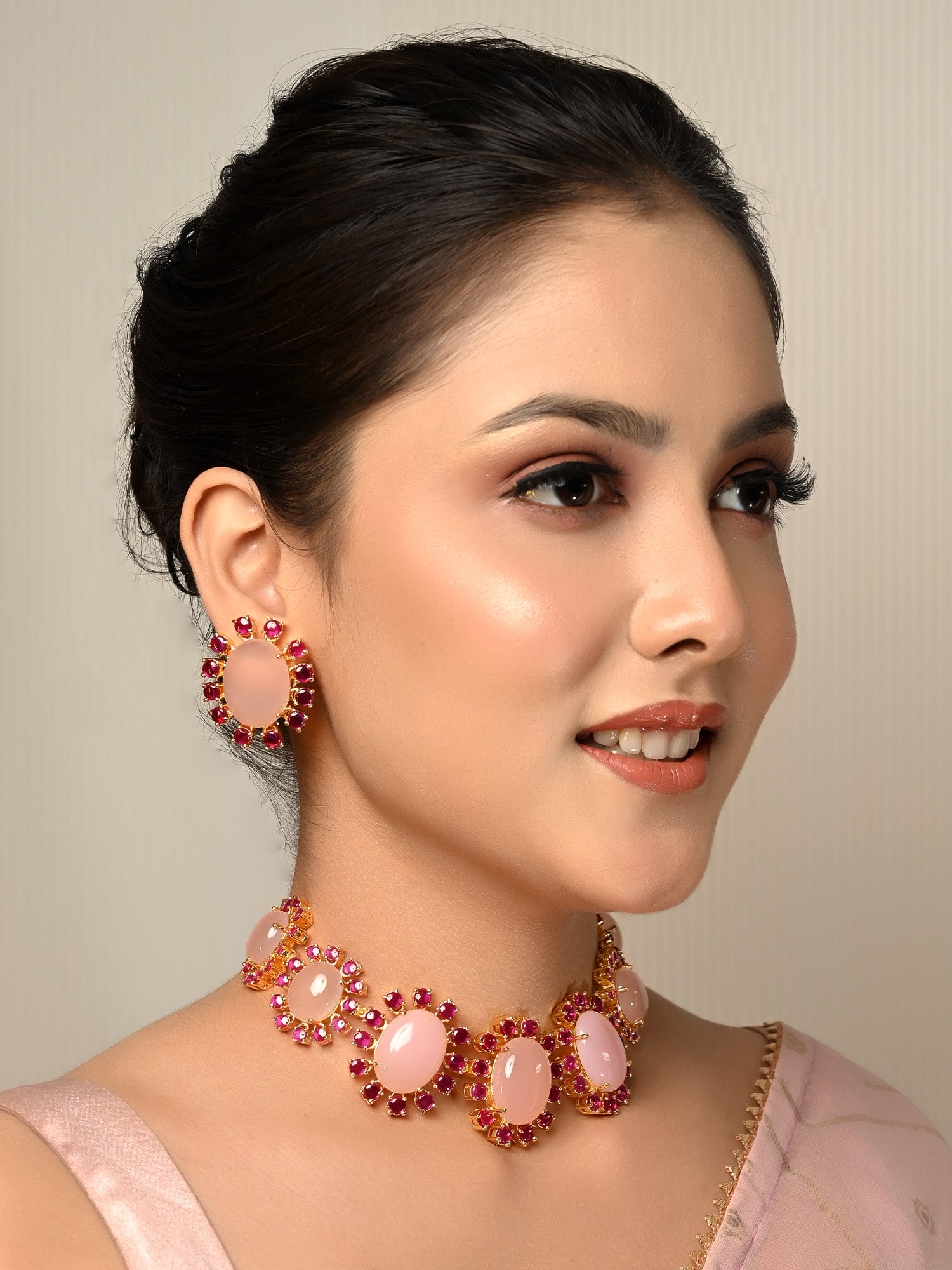 Edana Ruby & Baby Pink Natural Stone Necklace Set - qivii