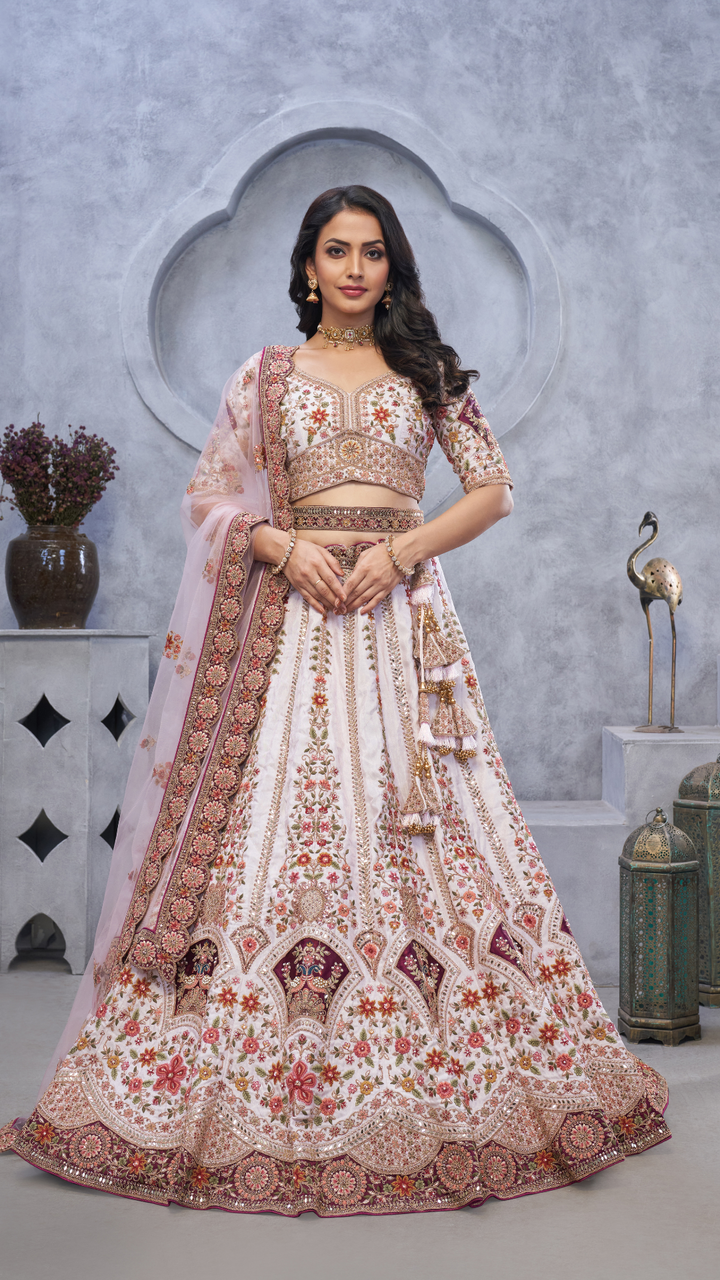 Bridal Light Purple Lehenga with Zari Paisley Embroidery, Silk Patches, and Regal Peacock Motifs