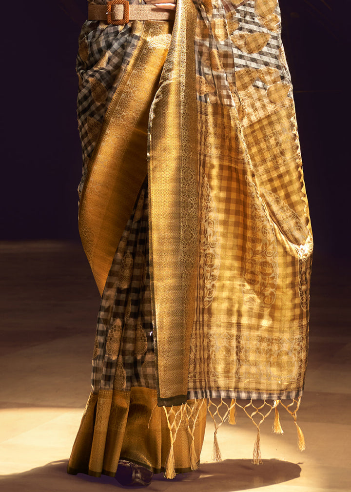 Exquisite Black and Golden Woven Banarasi Organza Silk Saree with intricate detailing