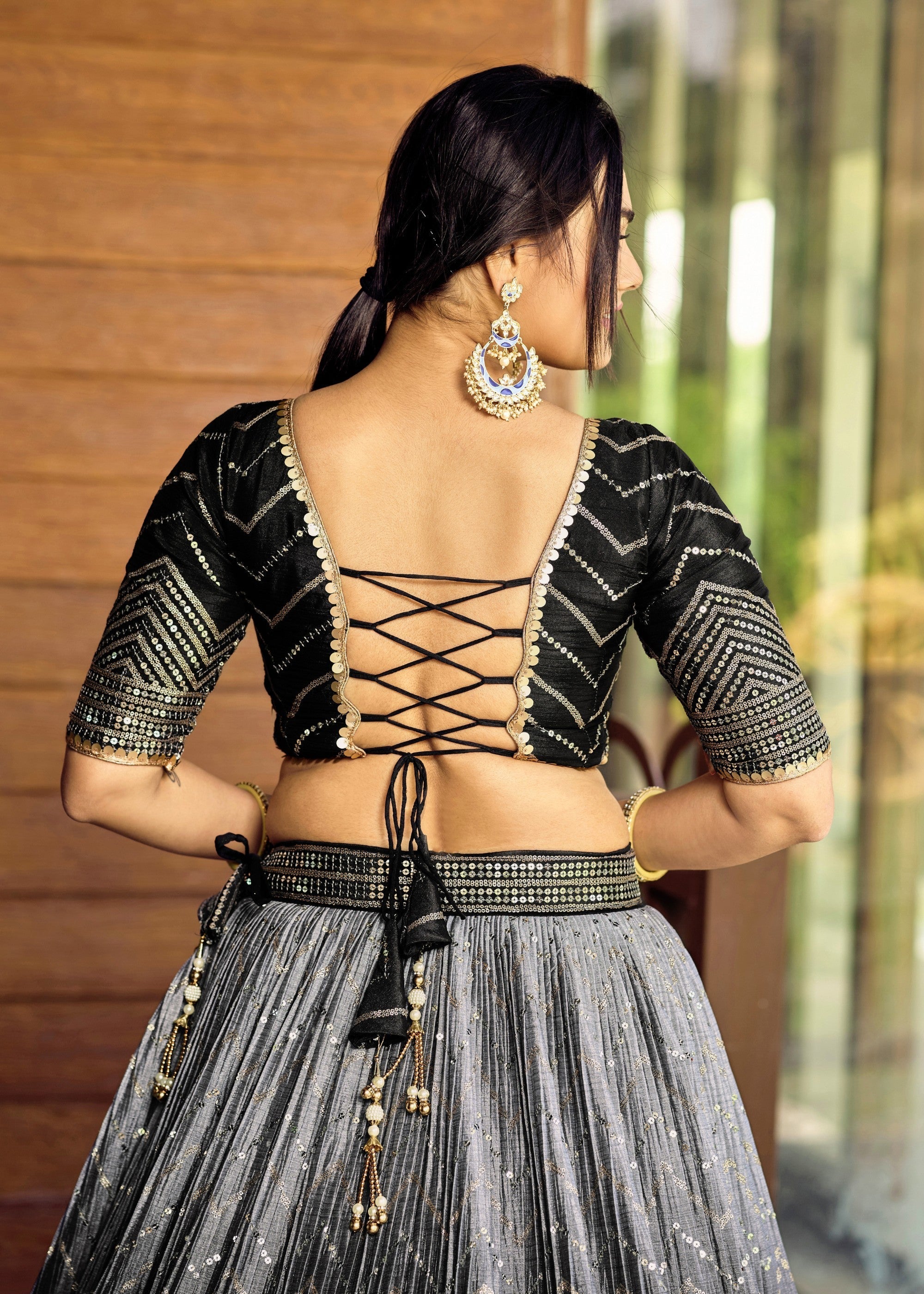 Sparkle Black Chinon Silk Lehenga With Sequence and Thread Embroidery Work | Ready To Wear - qivii