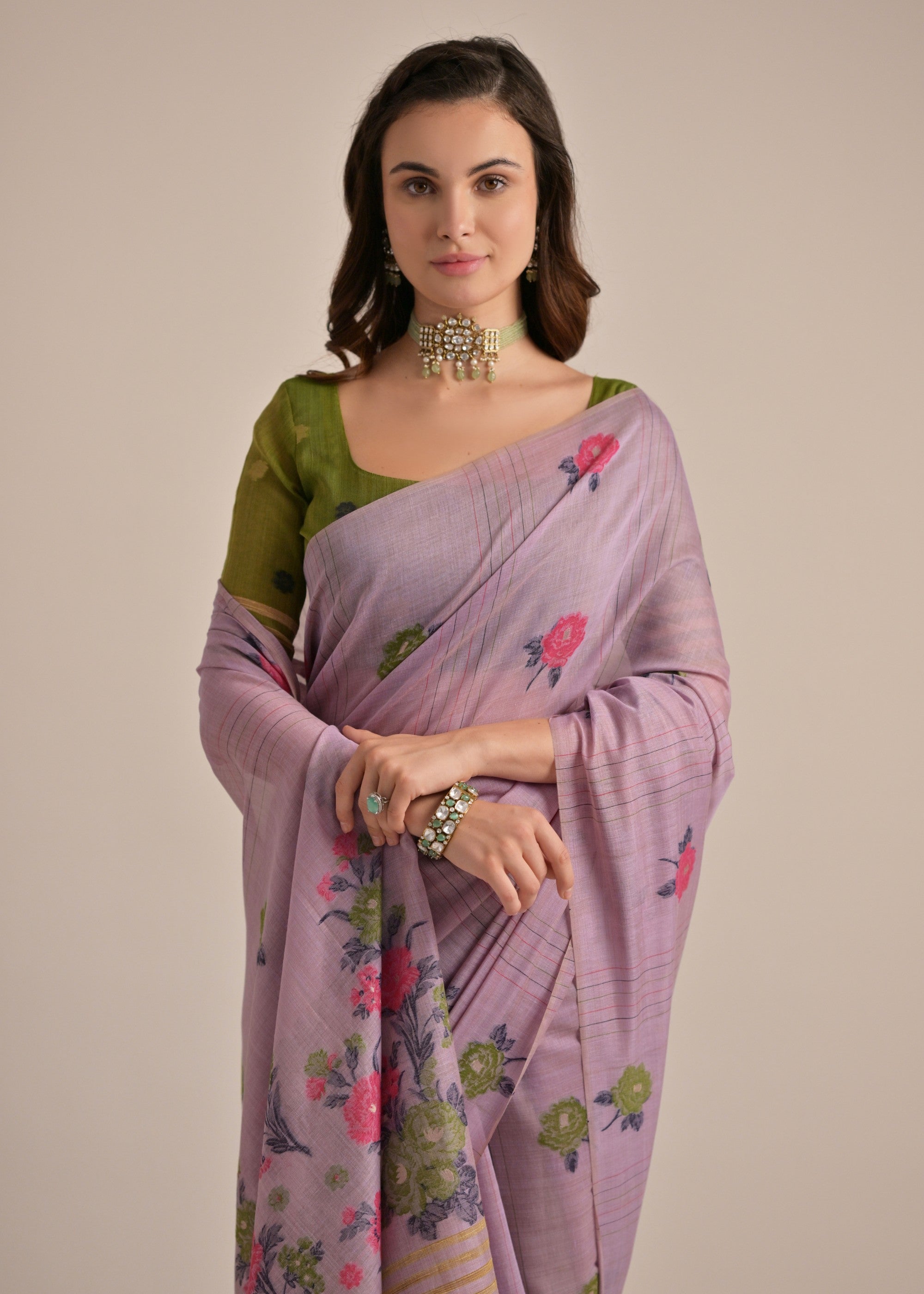 Thistle Purple Thread Woven Cotton Saree With Contrast Blouse - qivii