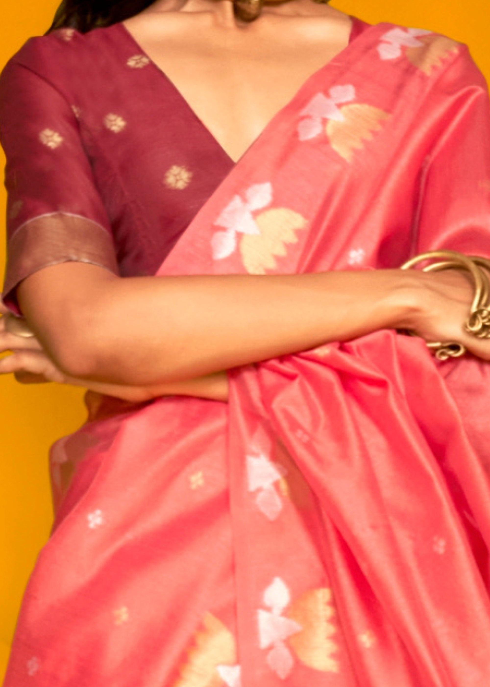 Peach Tussar Handloom Weaving Silk Saree - qivii