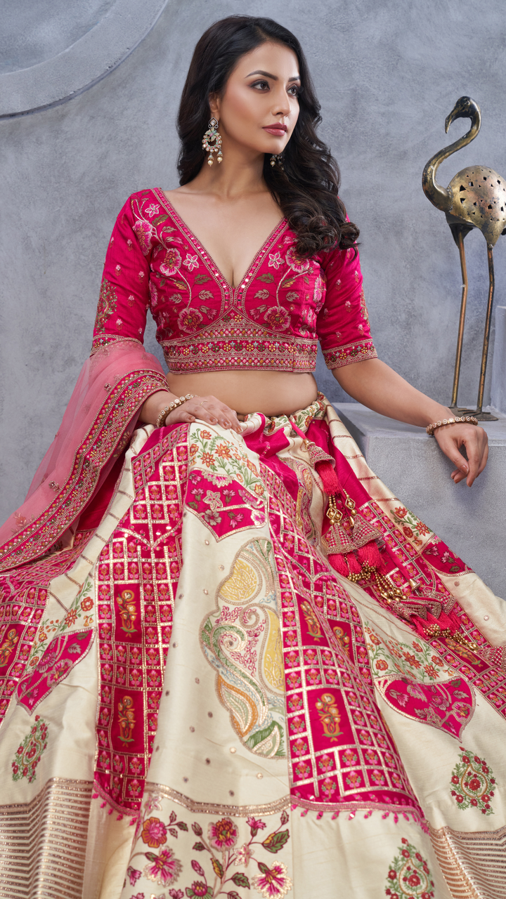 The Red and White Masterpiece Lehenga with Paisley Motifs and Sheer Pink Dupatta