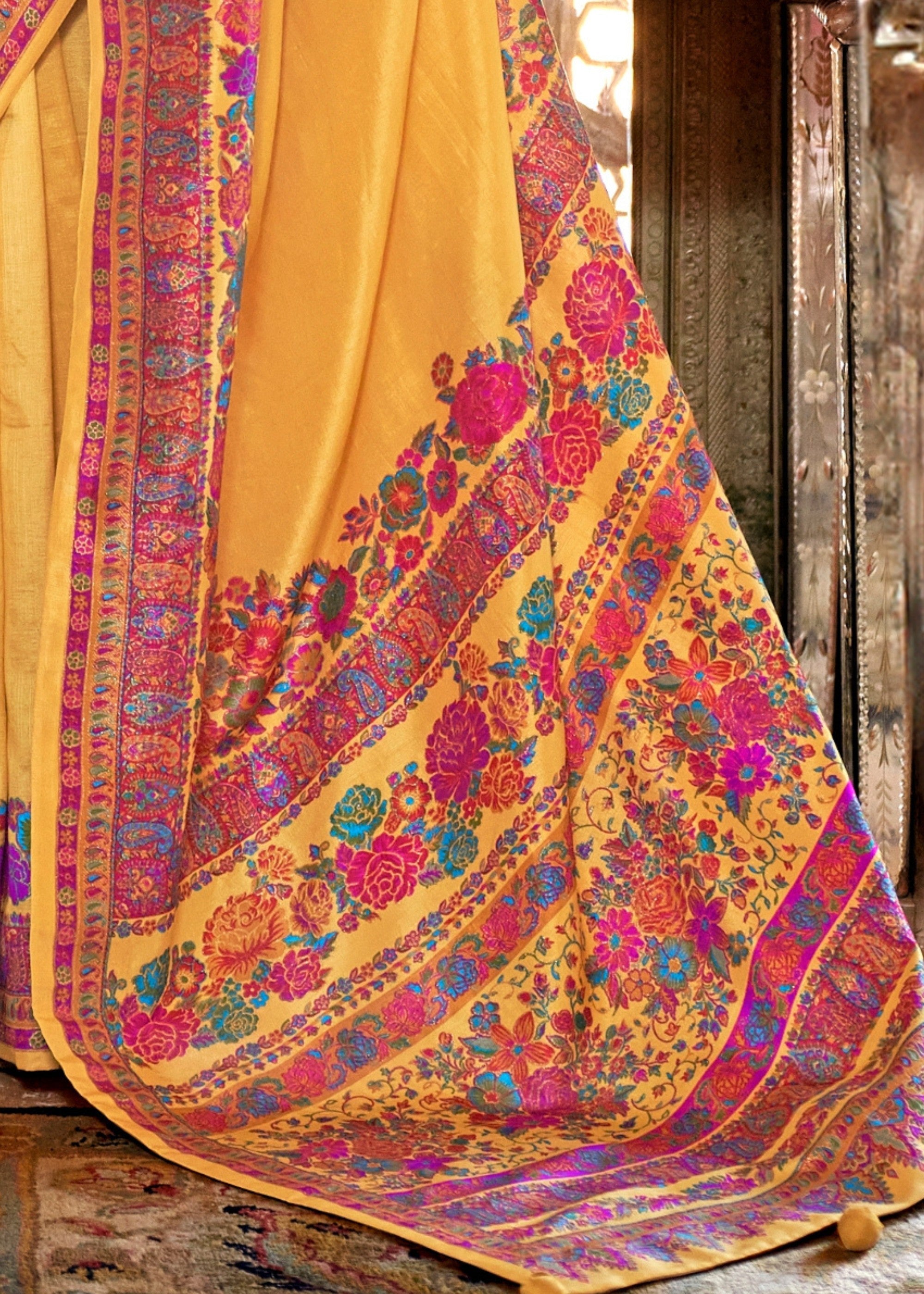 Sunflower Yellow Silk Saree With Luxury Print And Glory Finish - qivii
