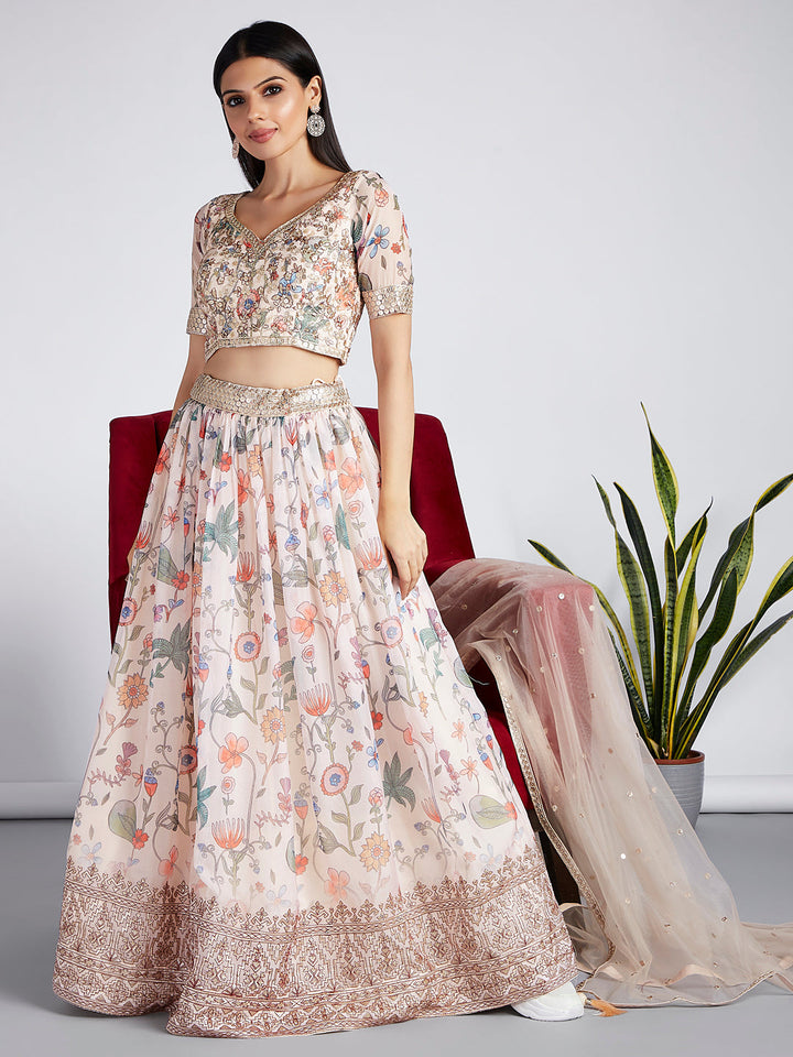 Cream Organza Floral Digital Print Stitched Lehenga choli - qivii