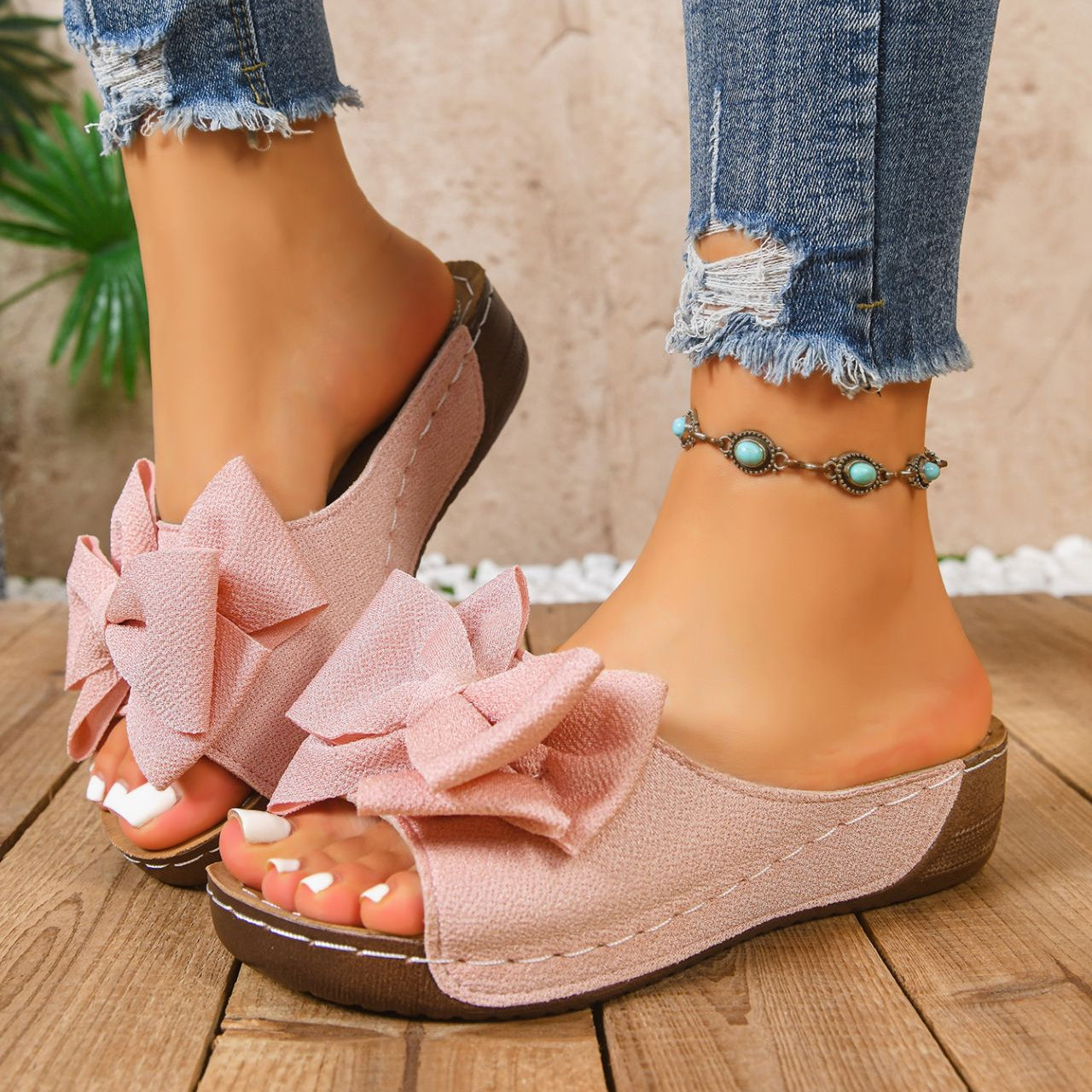 Women’s Liora Bow Flower Platform Wedge Slide Sandals – Peep-Toe Wide Strap Summer Slides (US 5–10.5)