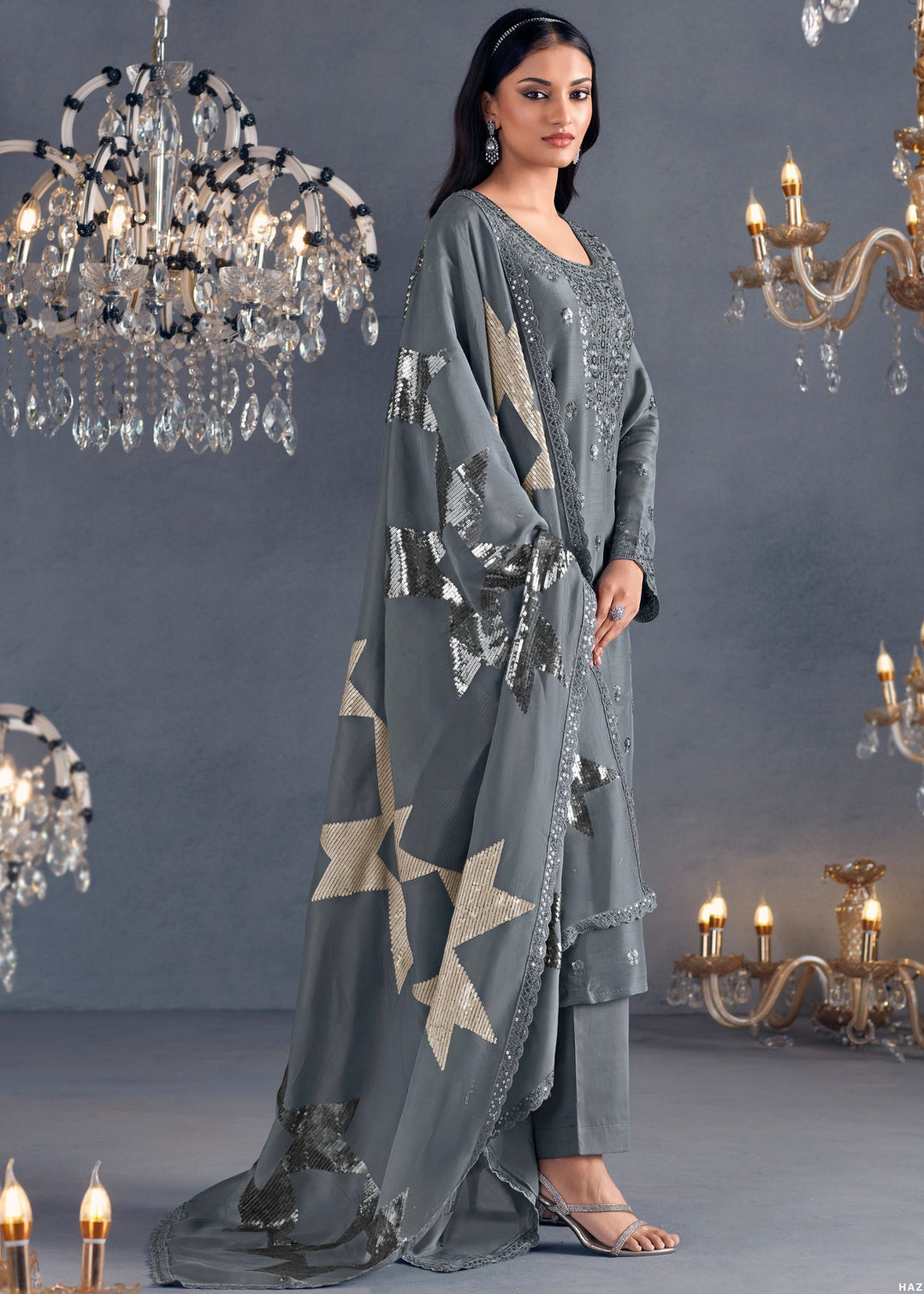 Grey Hazel Russian Silk Sequins Salwar Suit