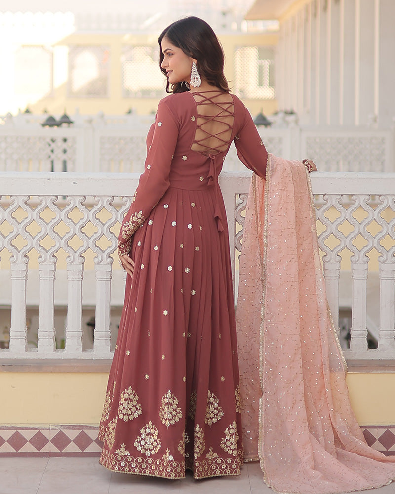 Chocolate Color Full Floor Length Anarkali Gown With Sequence Embroidery Dupatta  - By Qivii