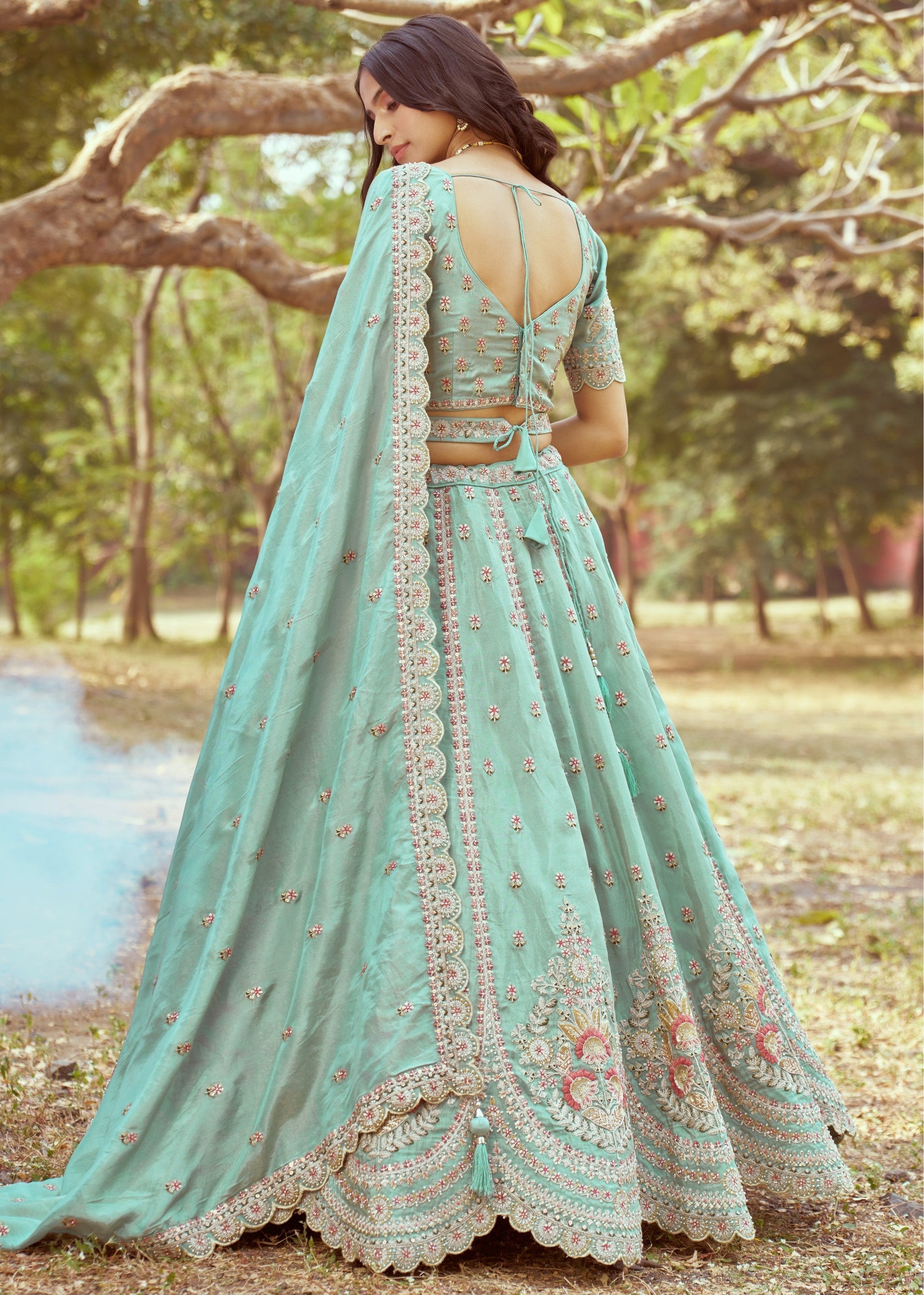 Seagreen Gold crushed Tissue Fabric Moti, Zari work Lehenga | Ready To Wear - qivii