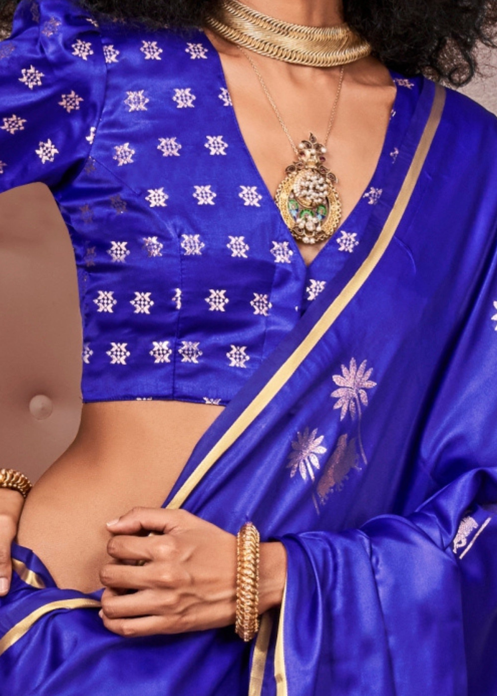 Blue Pure Satin Handloom Weaving Silk Saree - qivii