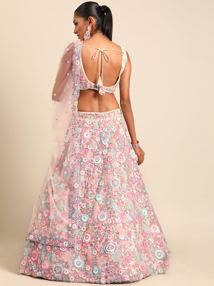 Rounded Embroiderey Multi-Sequins, Mirror and thread Embroidered Net Stitched Lehenga