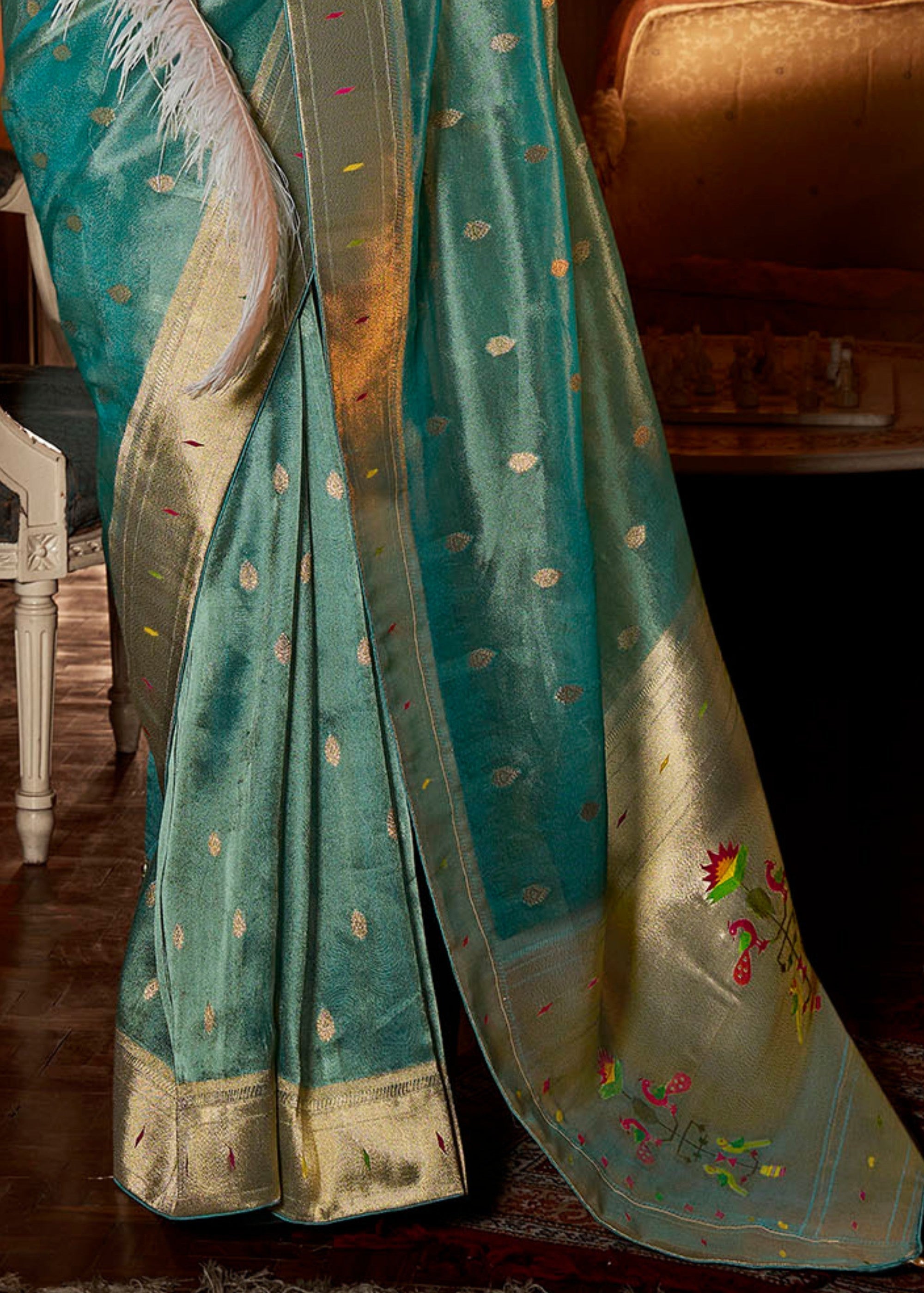 Cerulean Blue Pure Tissue Paithani Silk Saree with Heavy Designer Embroidered Blouse - qivii