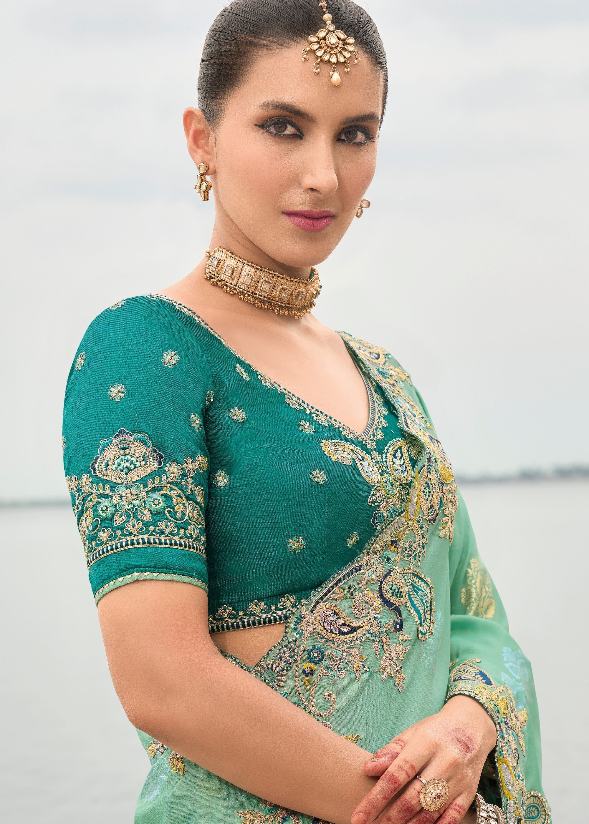 Mint Green Viscose Tissue Silk Saree With Embroidery Cut Work Border And Sequence Work - qivii