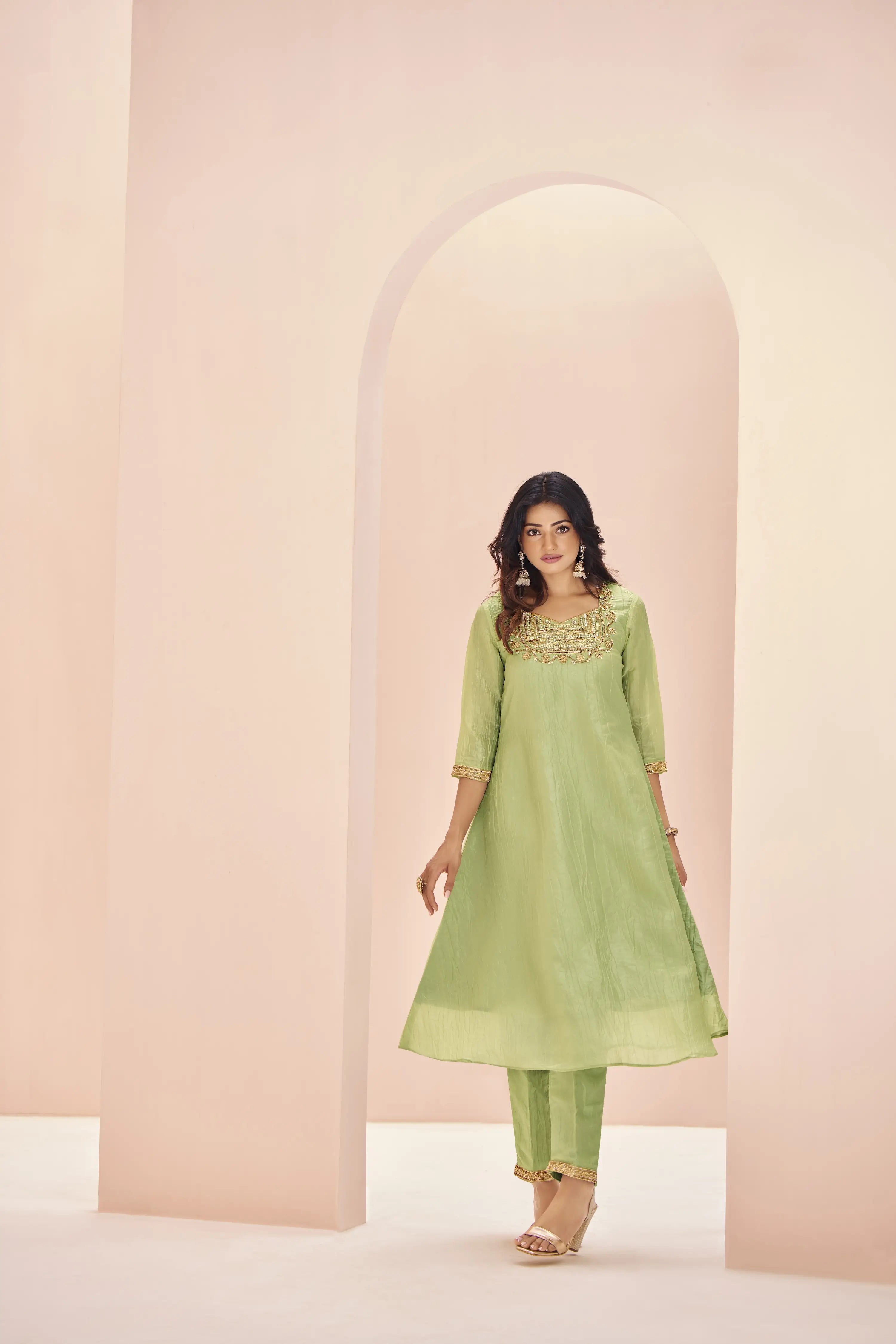 Light Green Organza Salwar Suit With Handwork - qivii
