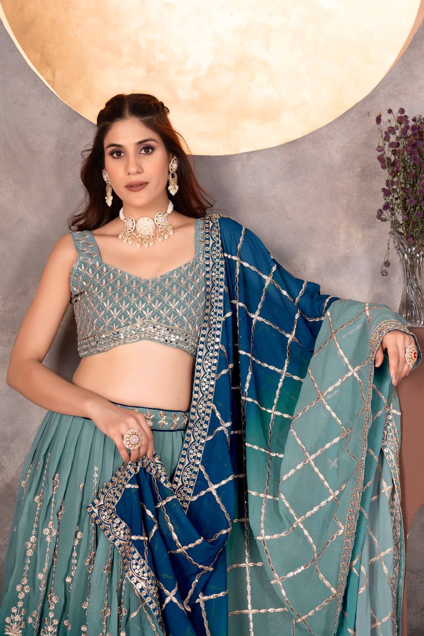 MULTI COLOR PURE FAUX GEORGEET 2D PEDDING WITH EMBROIDERY DESIGN WORK LEHENGA - INSPIRED | Ready To Wear - qivii