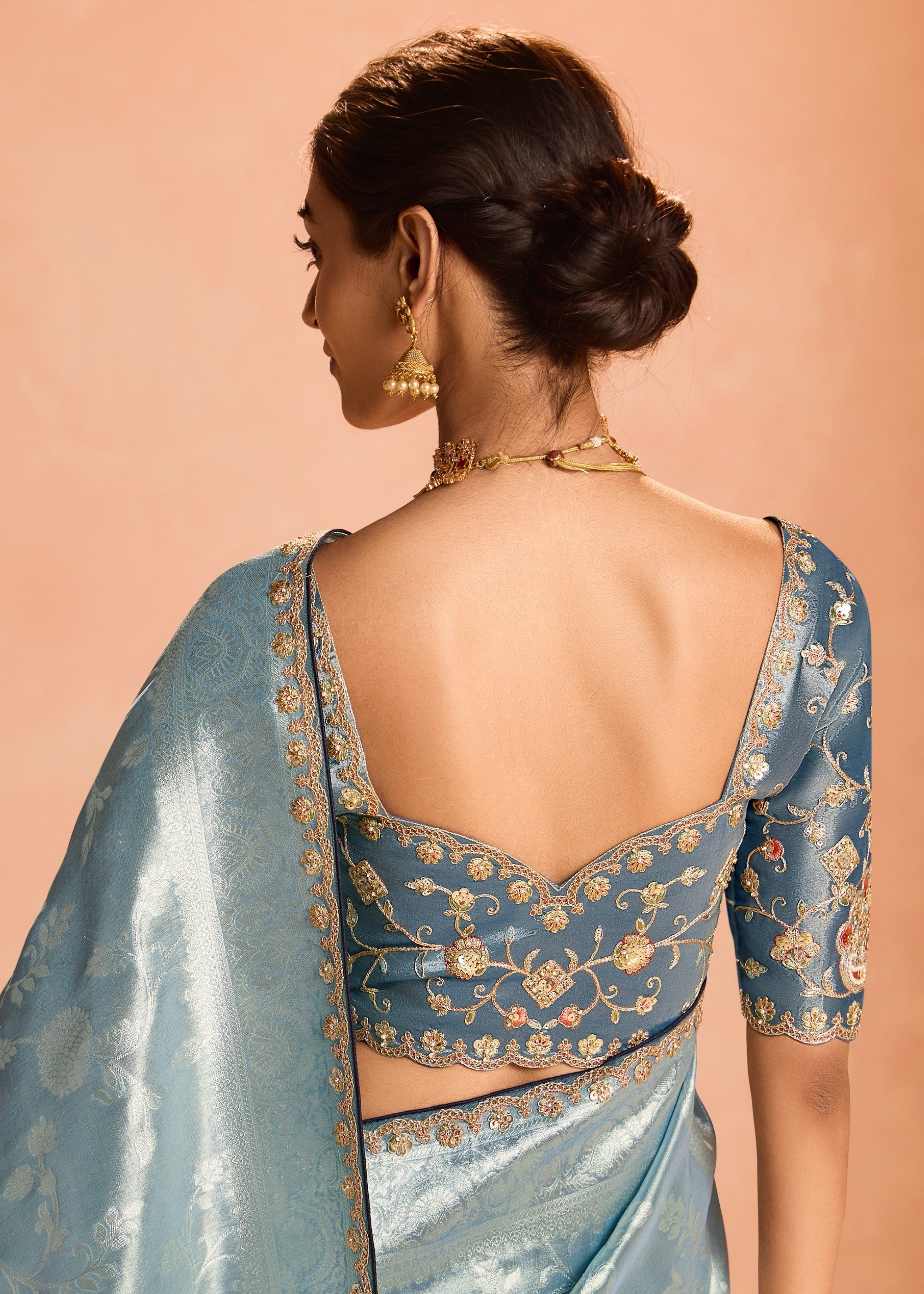 Pacific Blue Zari Tissue Silk Saree With Weaving Work And Heavy Embroidery Lace - qivii
