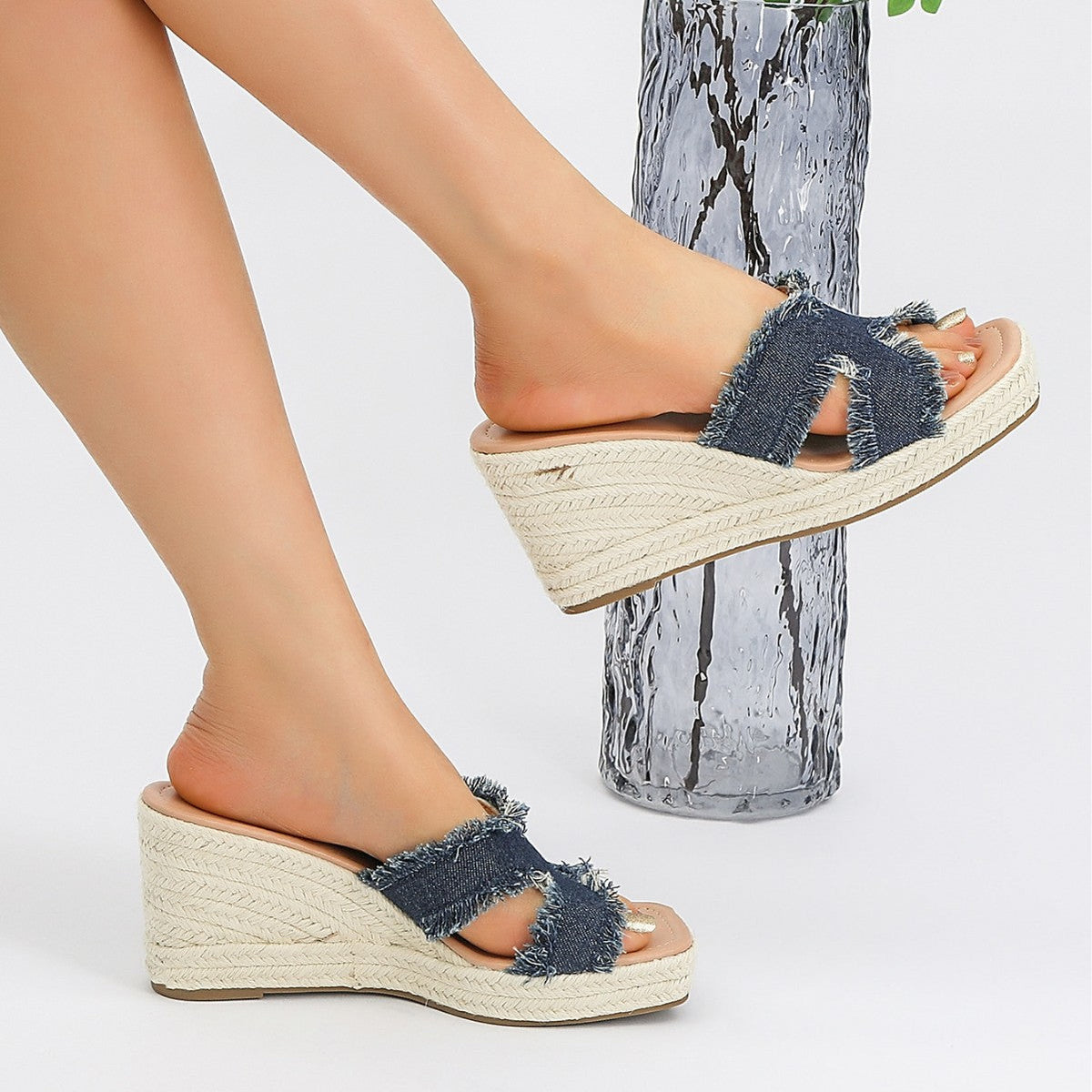 Women's Maren Frayed Denim Espadrille Wedge Slide Sandals - Coastal Platform Summer Shoes (US 4-10.5)