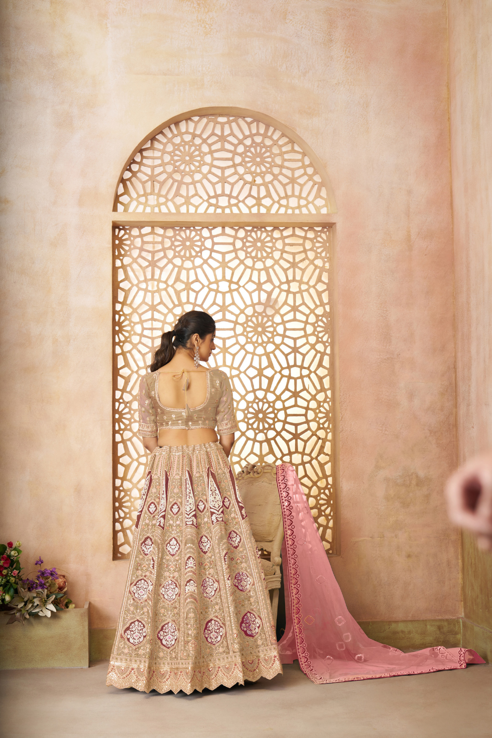 Champagne Chiku Aari Embroidered Banarasi Lehenga - qivii