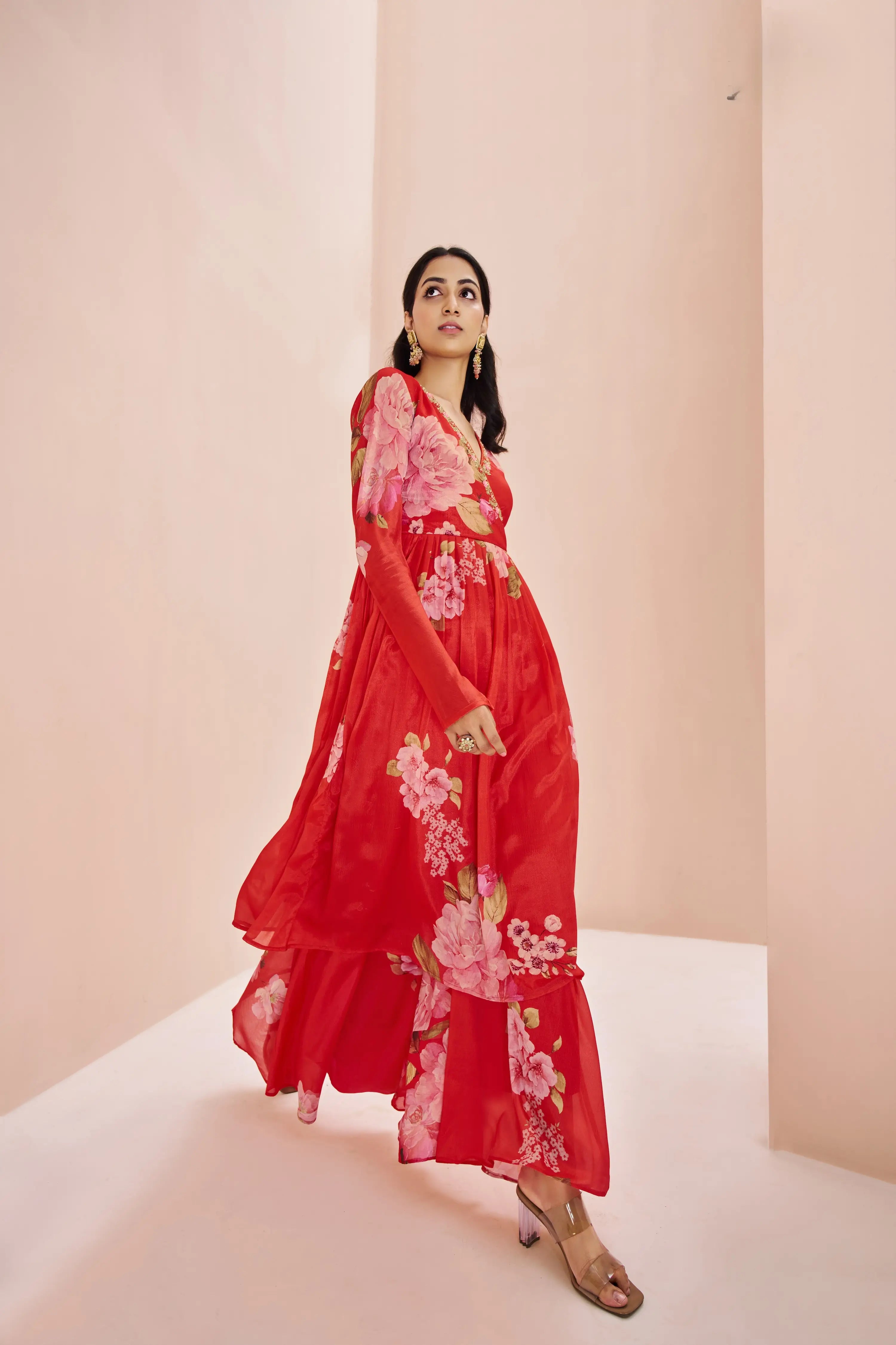 Red Printed Chinon Plazza Pair With Handwork - qivii