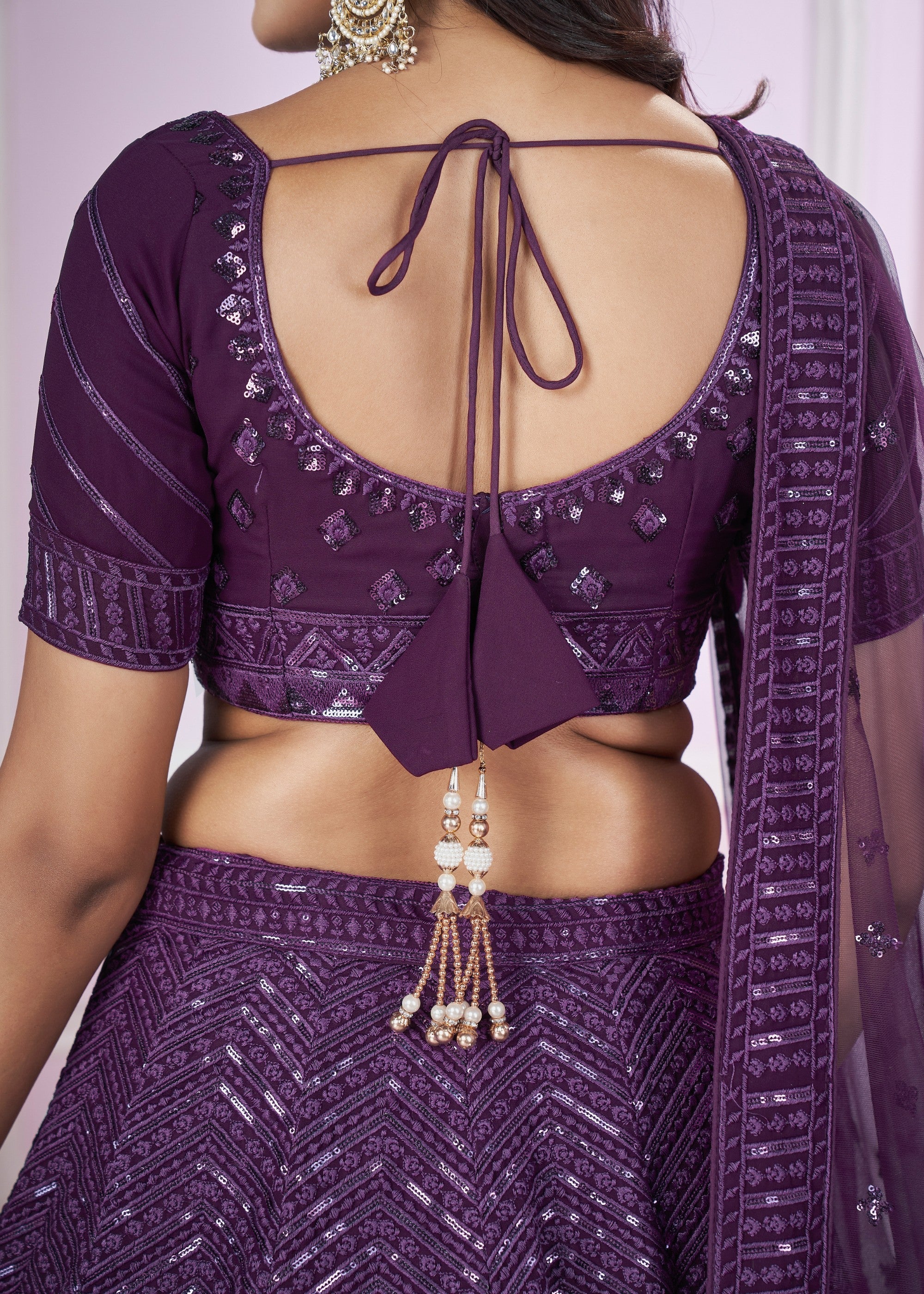 Dark Purple Georgette Lehenga Choli With Sequins And Thread Embroidery Work | Ready To Wear - qivii