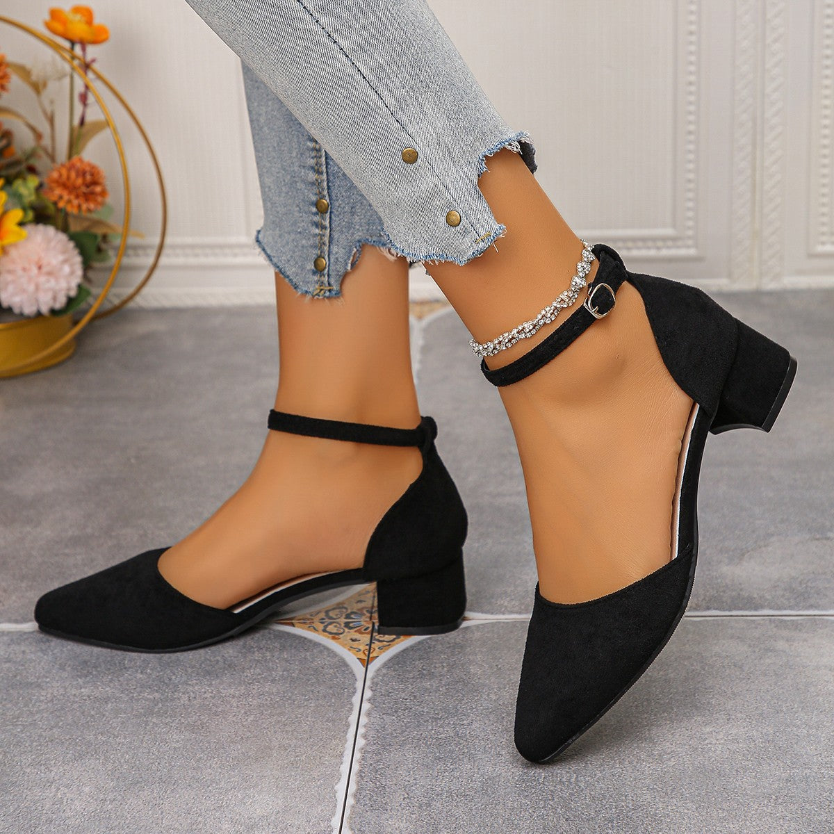 Women’s Serelia Suede Closed-Toe Sandals – Pointed Toe Block Heel Ankle Strap Dress Sandals (US 5–10.5)