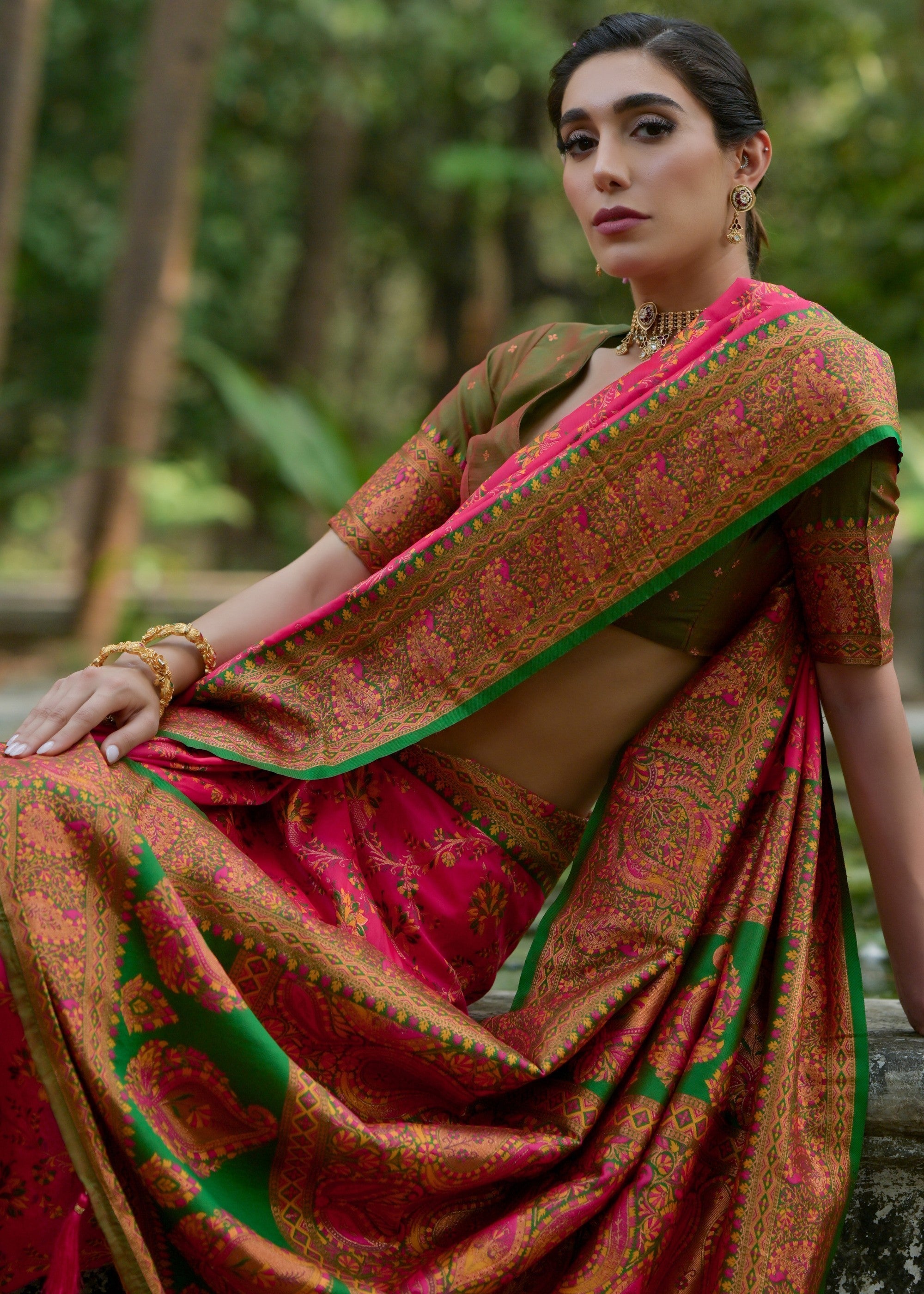 French Pink Thread Woven Pashmina Silk Saree With Heavy Thread Woven Pallu - qivii