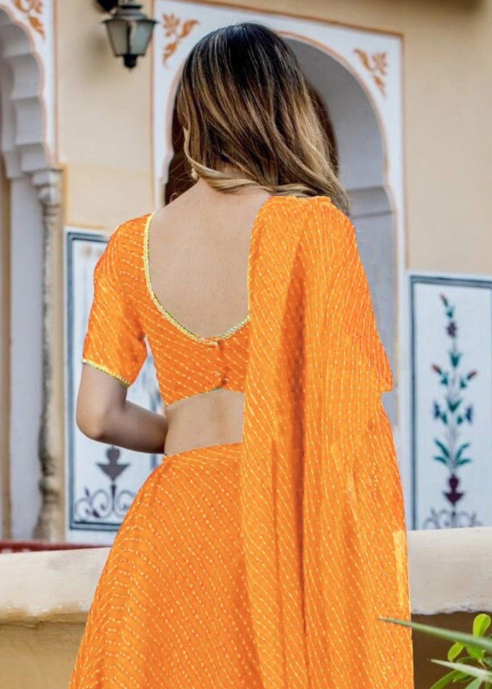 Tang Orange Georgette Leheriya Print Lehenga With Zari And Lace Work | Ready To Wear - qivii