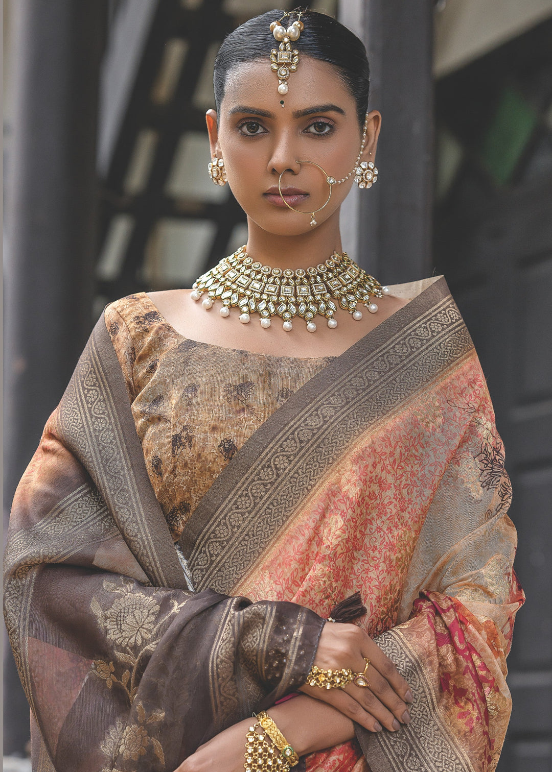 Orange and Grey Woven Silk Saree