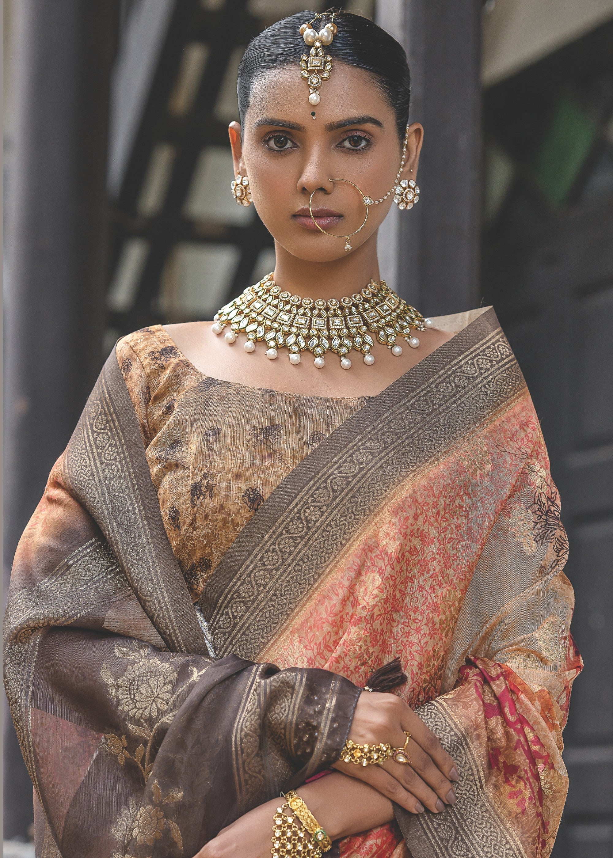 Orange and Grey Woven Silk Saree - qivii