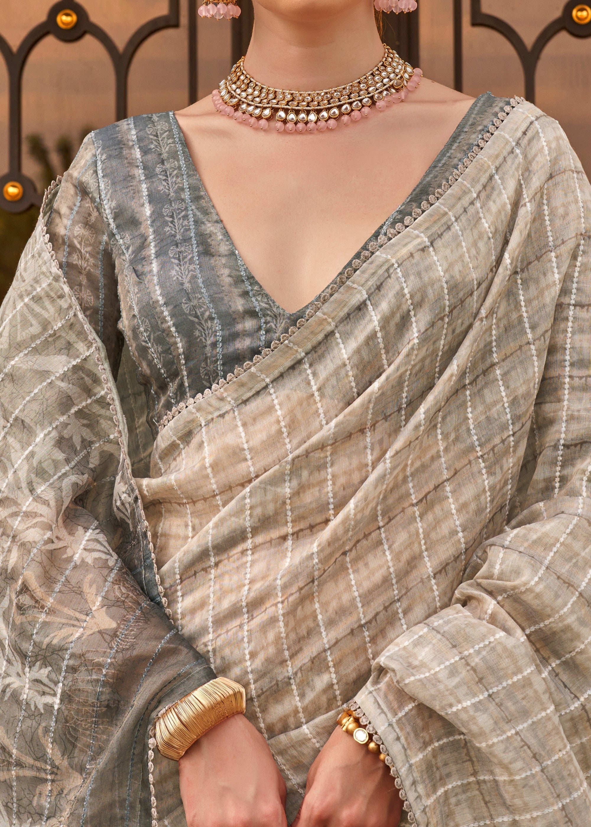 Grey Pure Tissue Silk Saree - qivii