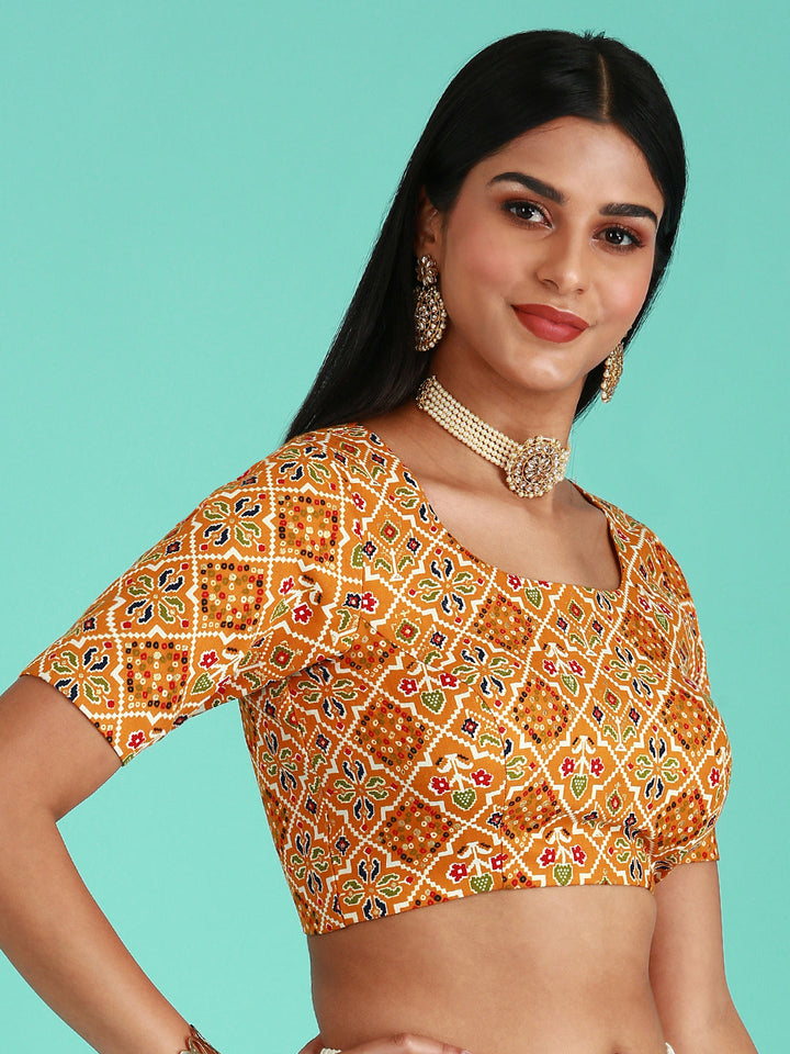 Mustard-Toned Cotton Silk Applied Foil and Patola Print readymade blouse